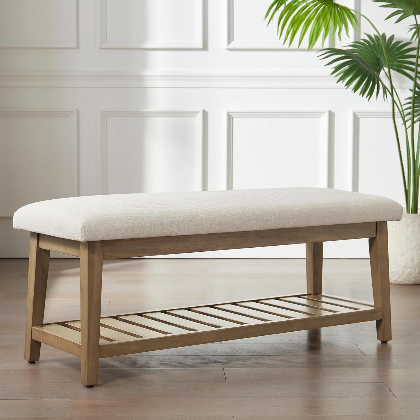 Entryway Bench, Chenille Upholstered Shoe Benches for Bedroom, Ottoman Bench with Solid Wood Shelf, Storage Benches for Hallway, Living Room(Beige)
