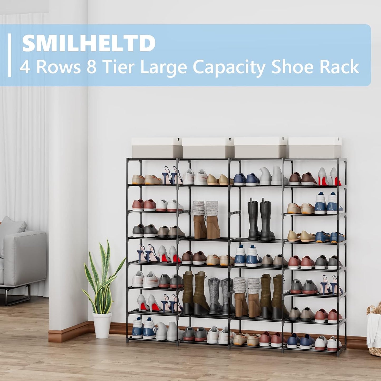 Shoe Rack Large Capacity 4 Rows 8 Tier 56-64 Pairs Shoes Boots Sneaker Stackable Storage Organizer Garage Entryway Hallway Front Doorway Shoe Tower Cubby Unit Shelf Space Saving