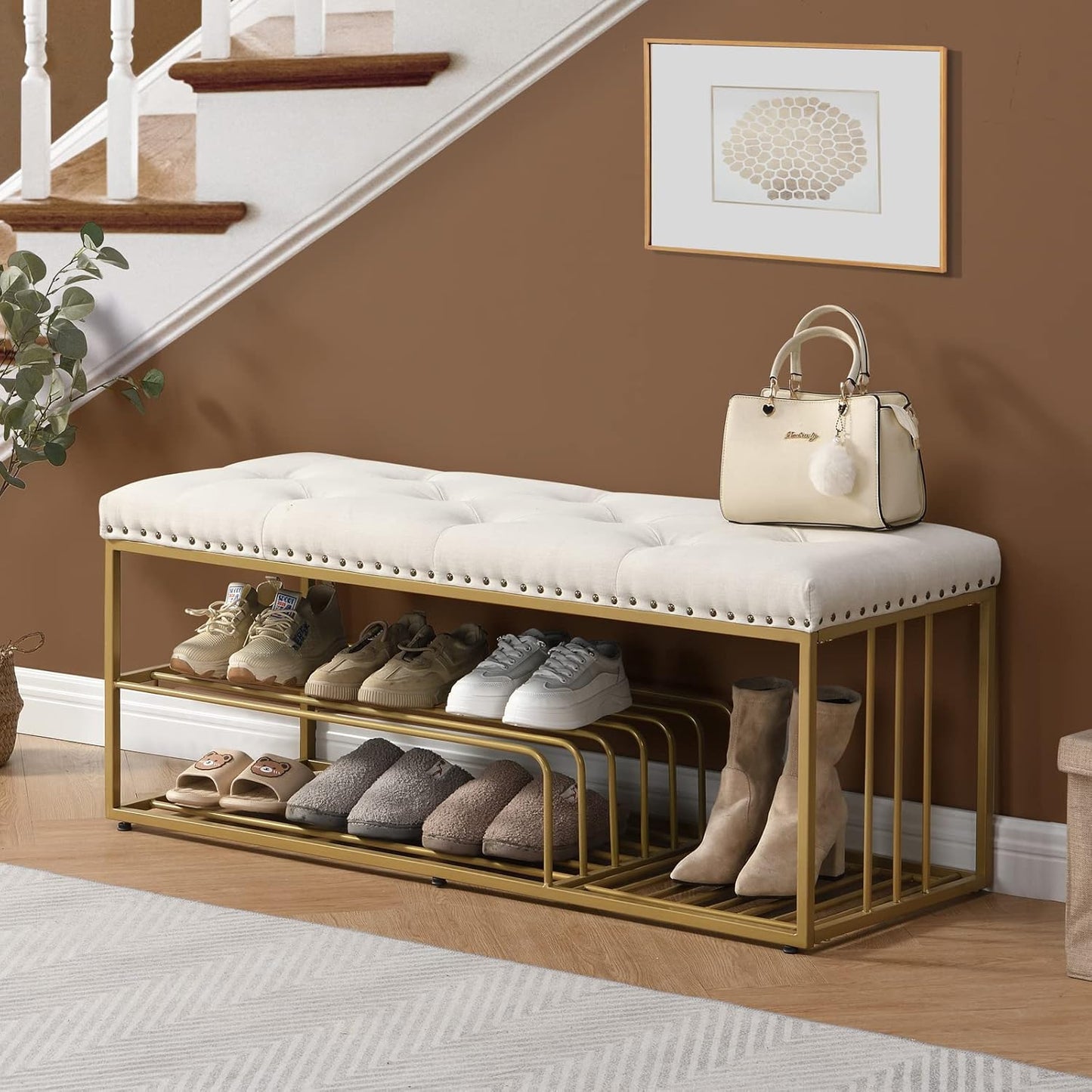 Upholstered Shoe Storage Bench-Nailhead Trim Linen Ottoman Bench with Shoes Rack for End of Bed Entryway Window Bedroom Living Mudroom Room,Blue