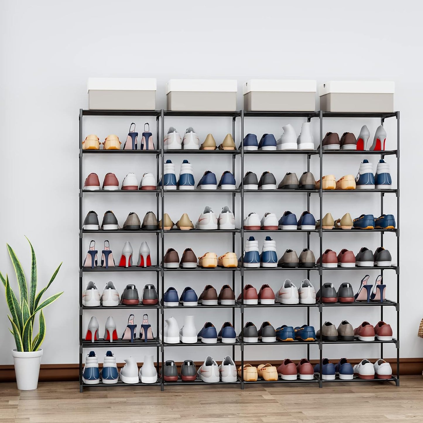 Shoe Rack Large Capacity 4 Rows 8 Tier 56-64 Pairs Shoes Boots Sneaker Stackable Storage Organizer Garage Entryway Hallway Front Doorway Shoe Tower Cubby Unit Shelf Space Saving