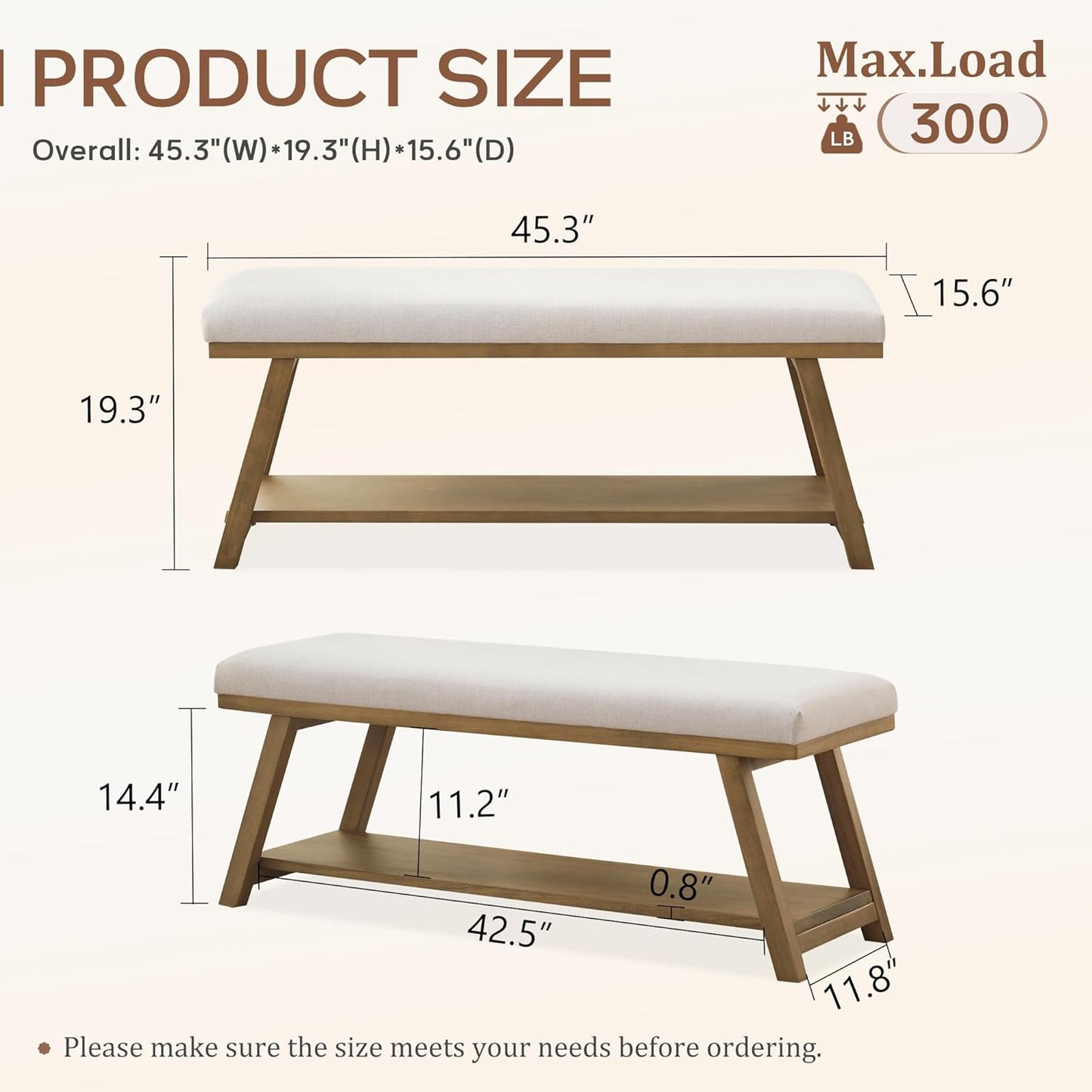 45" Entryway Bench Upholstered Storage Bench for Bedroom Shoe Rack Bench for Living Room, Hallway, Mudroom, Balcony, Sturdy Indoor Bench Seat Holds Up to 300 lbs (Beige)