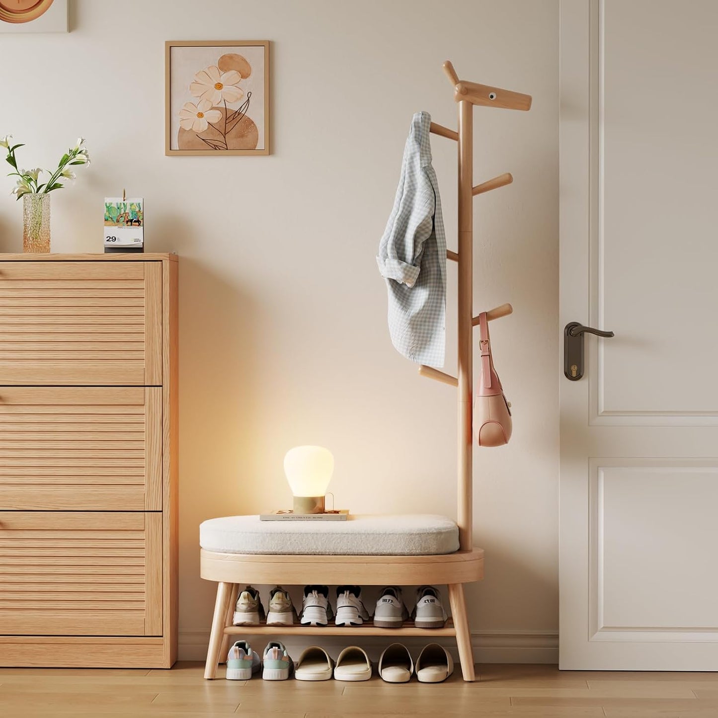 Shoe Bench Entryway,Coat Rack with Shoe Storage, Coat Rack and Shoe Rack, Wooden Narrow Shoe Bench(Natural)
