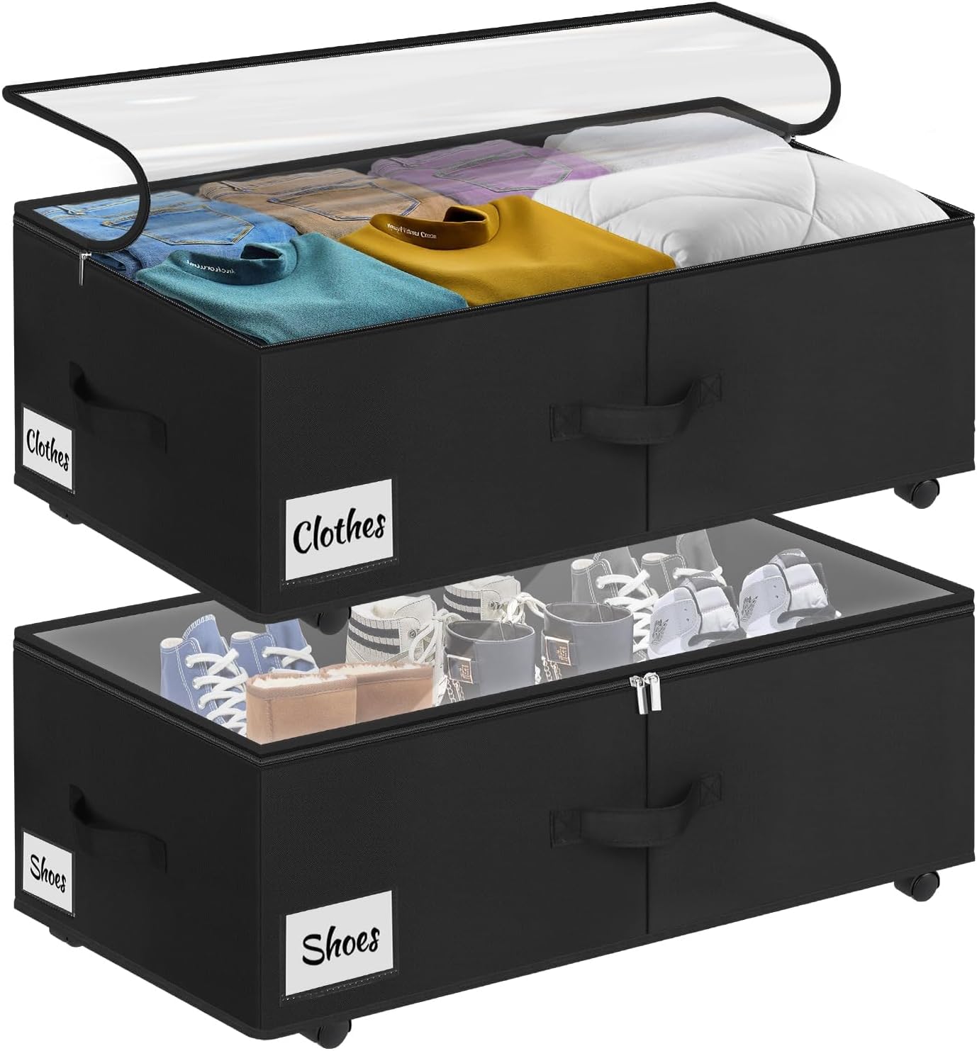 2 Pack Under Bed Storage with Wheels 10" Height, Rolling Storage Bins XXL 60L, Underbed Shoe Storage Containers with Label & Clear Lid, Dorm Under bed Drawers for Clothes, Shoes, Quick Assembly, Black