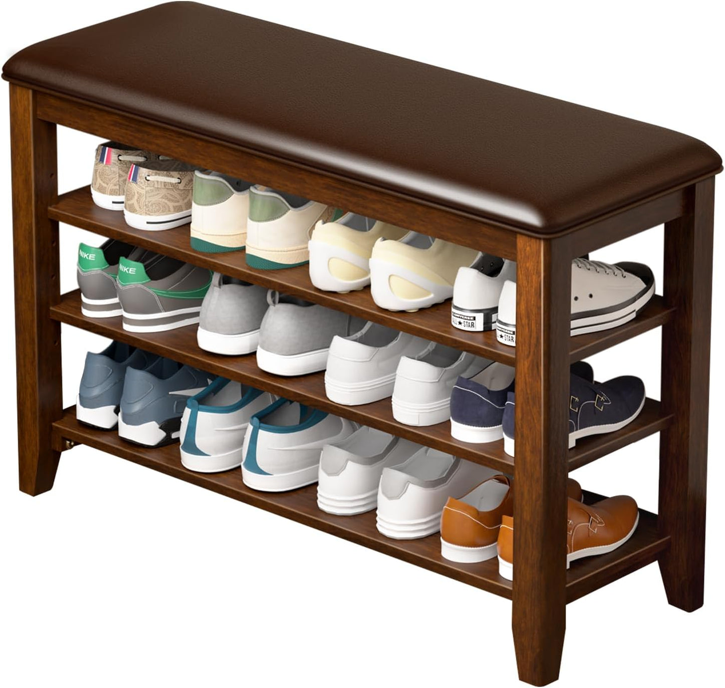 Shoe Bench Storage Rubberwood with Leather Cushion for Entryway Bench Ideal for Hallways Shoe Rack Front Doors Entrances Mudrooms Featuring 3 Height-Adjustable and Removable Shelves