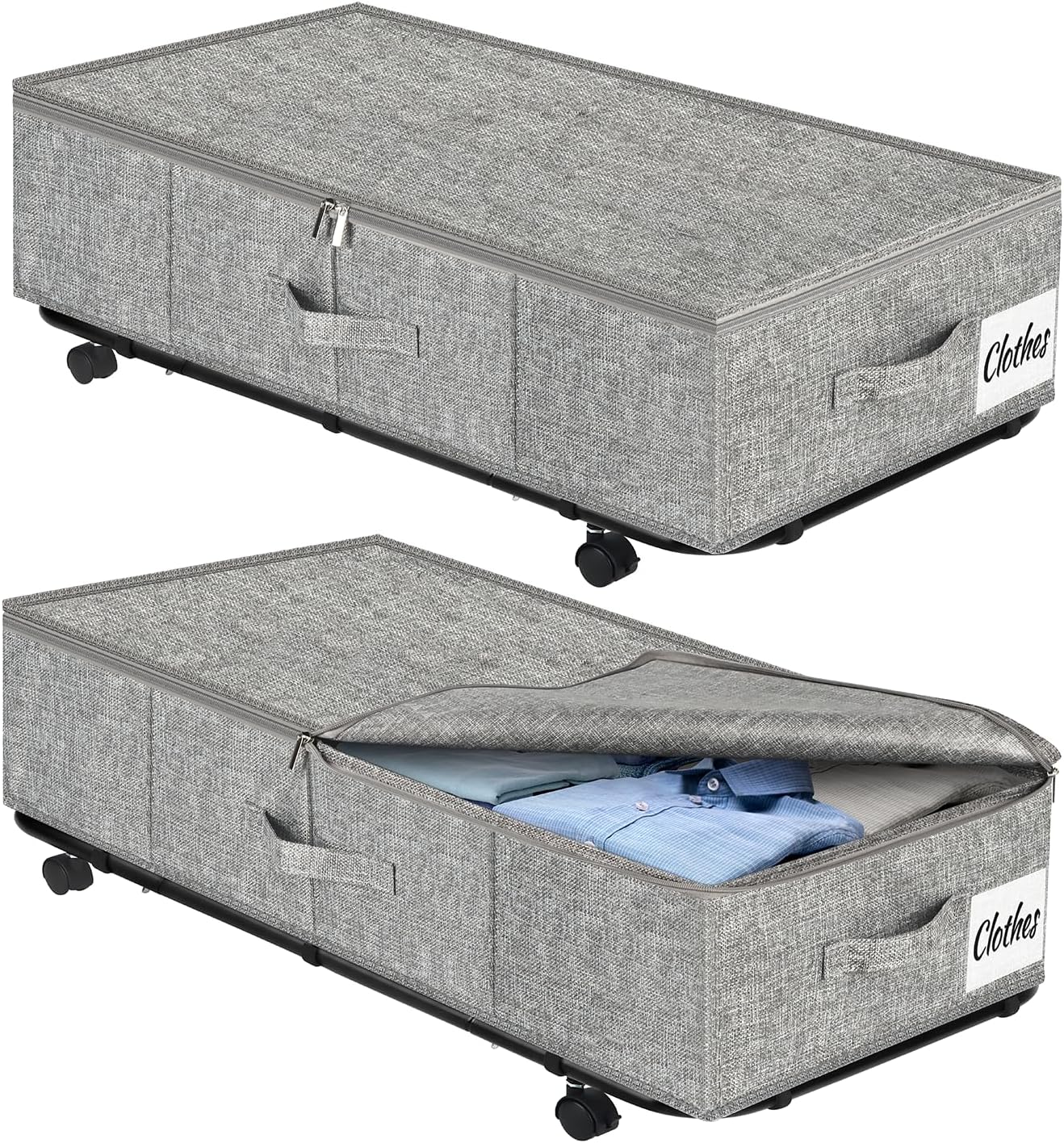 2 Pack Under Bed Storage with Wheels 10" Height, Rolling Storage Bins XXL 60L, Underbed Shoe Storage Containers with Label & Clear Lid, Dorm Under bed Drawers for Clothes, Shoes, Quick Assembly, Black