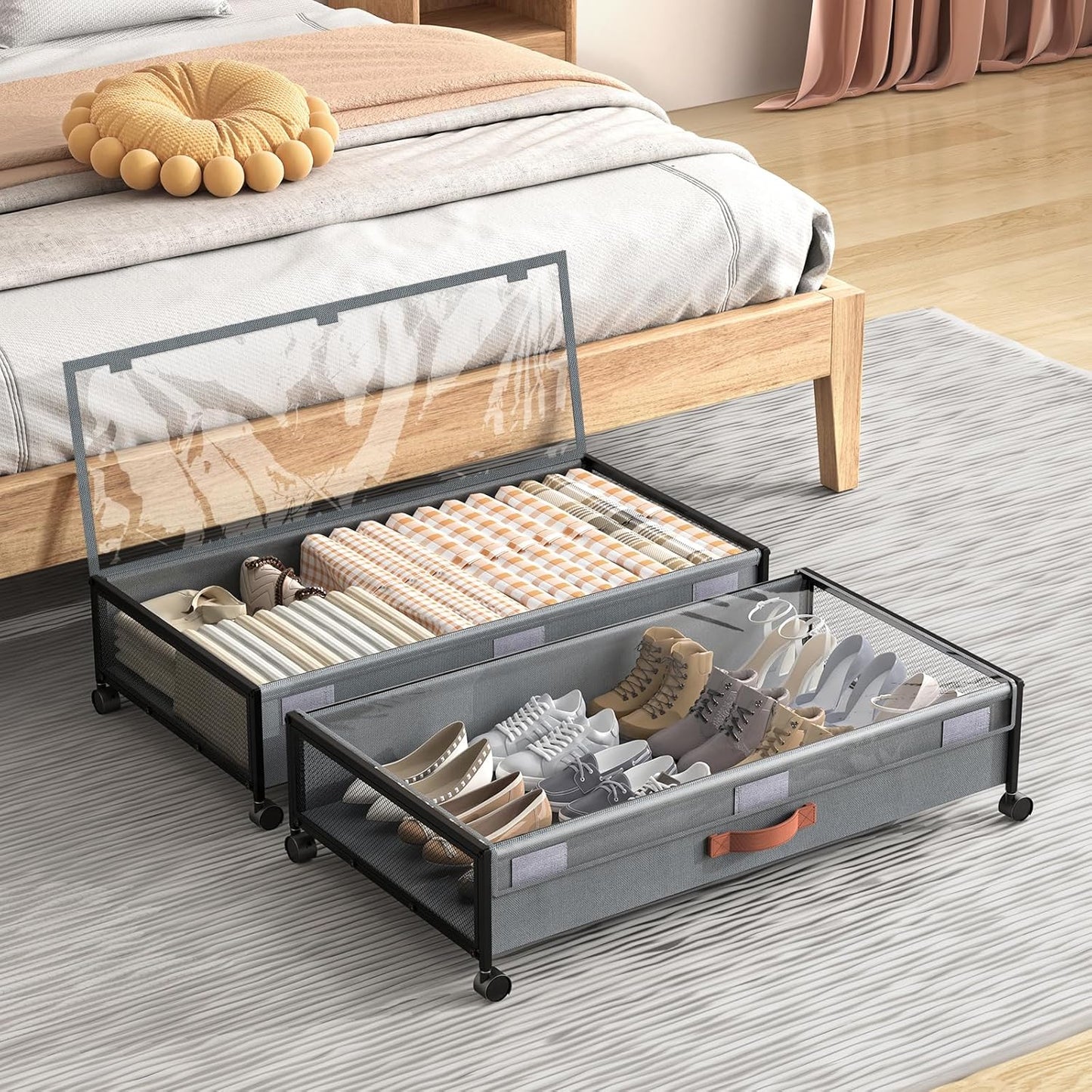 Under Bed Storage with Wheels, XXXL Larger Under Bed Storage Containers with Clear Lids, 36'' Lengthen Under Bed Shoe Organizer, Rolling for Shoes Clothes(Black 2 Pack, XXXL(36"x16.6"x7.48"))
