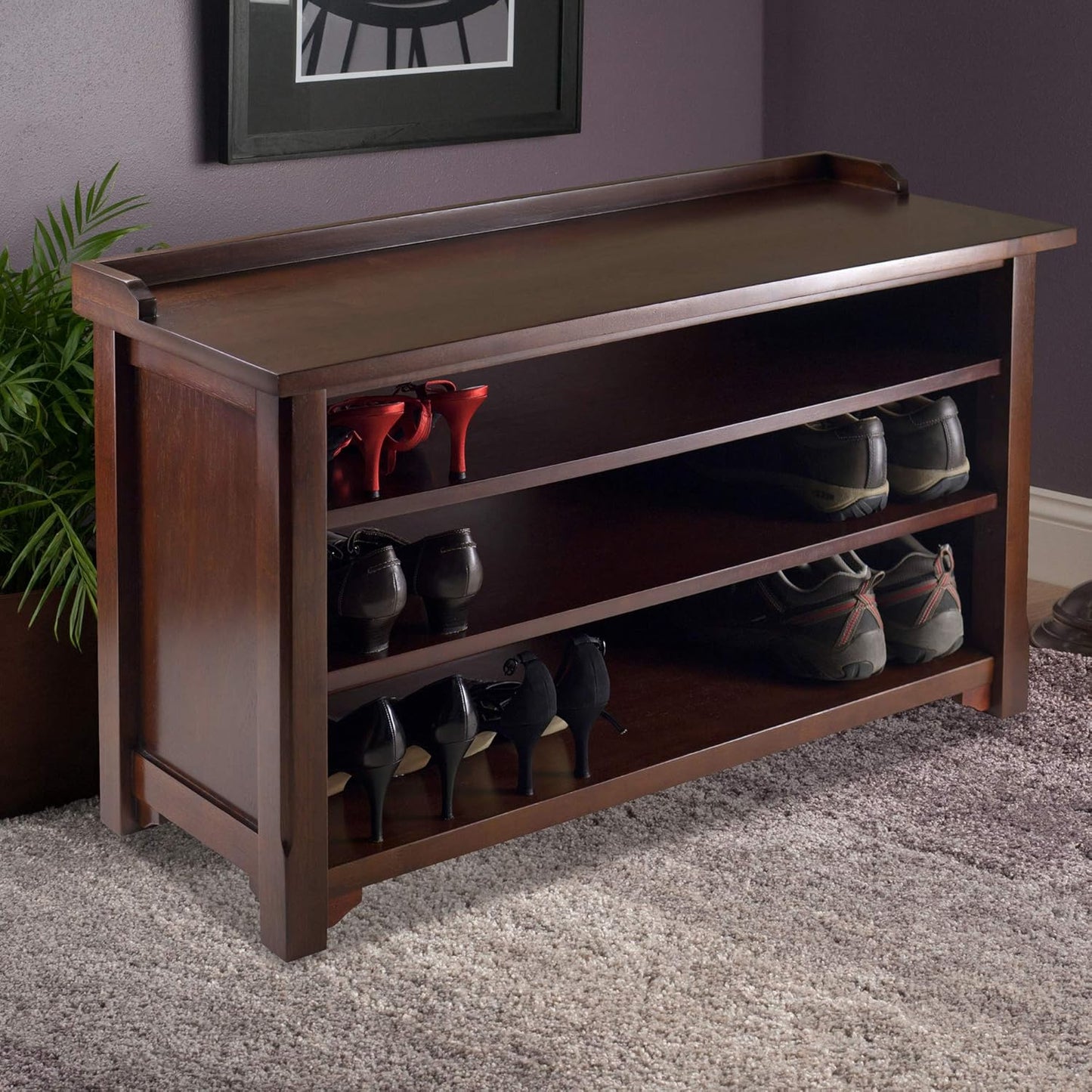Winsome Dayton Storage Hall Bench with Shelves, Antique Walnut (94841)