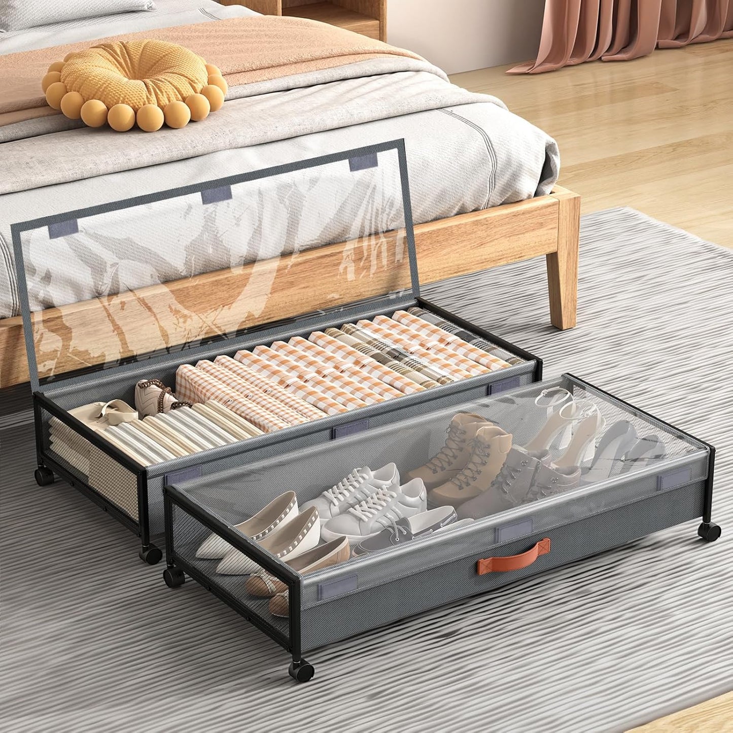 Under Bed Storage with Wheels, XXXL Larger Under Bed Storage Containers with Clear Lids, 36'' Lengthen Under Bed Shoe Organizer, Rolling for Shoes Clothes(Black 2 Pack, XXXL(36"x16.6"x7.48"))