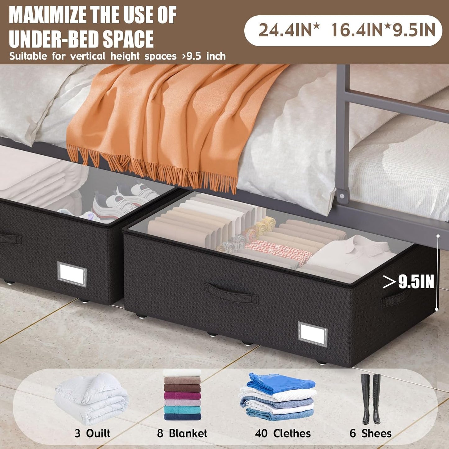 Underbed Storage Bins With Wheels, No Assemble Required 10 inches Height Large Capacity Rolling Underbed Shoe Storage Containers,Dorm Underbed Storage Drawers