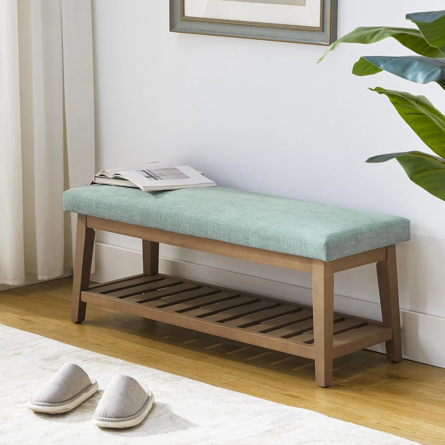 Entryway Bench, Chenille Upholstered Shoe Benches for Bedroom, Ottoman Bench with Solid Wood Shelf, Storage Benches for Hallway, Living Room(Beige)