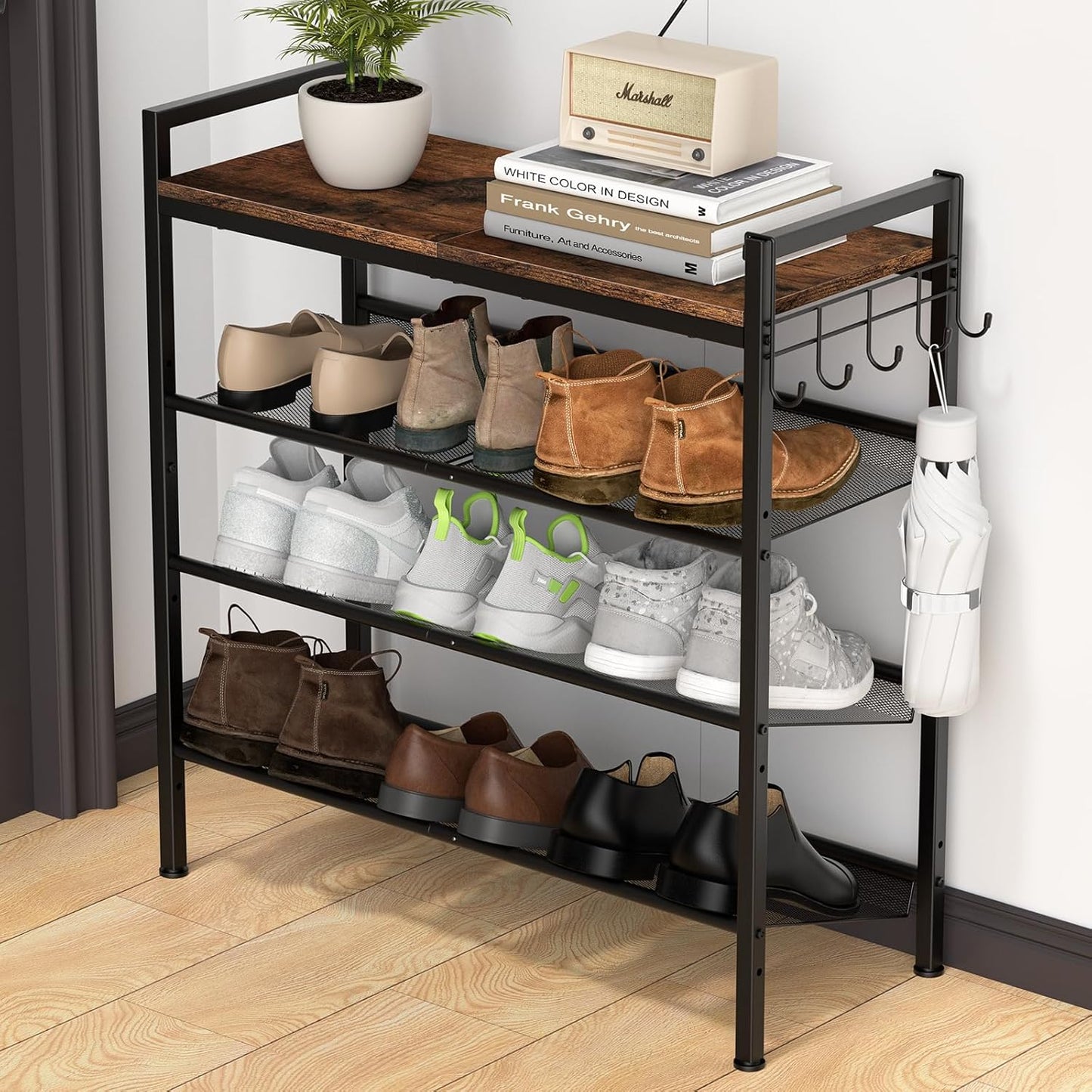 Refrze Shoe Rack for Front Door Entrance, 4 Tier Height-Adjustable Metal Shoe Rack, Sturdy Wooden Top and Tiltable Steel Frame Heavy Duty Shoe Organizer for Bathroom,Bedroom,Kitchen,Include Hook