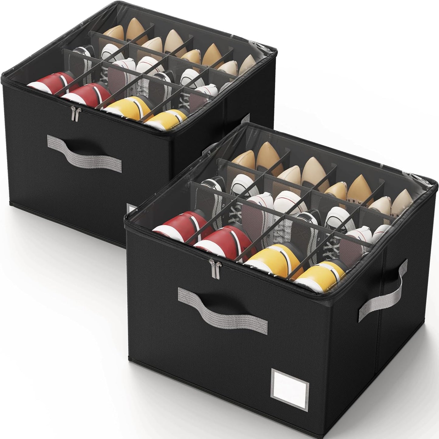 Criusia Shoe Organizer for Closet, 2 Pack Shoe Organizer with Transparent Cover and Sturdy Handles, Closet Shoe Storage for Sneakers Sandals Slippers, Fit 12-16 Pairs, Gray