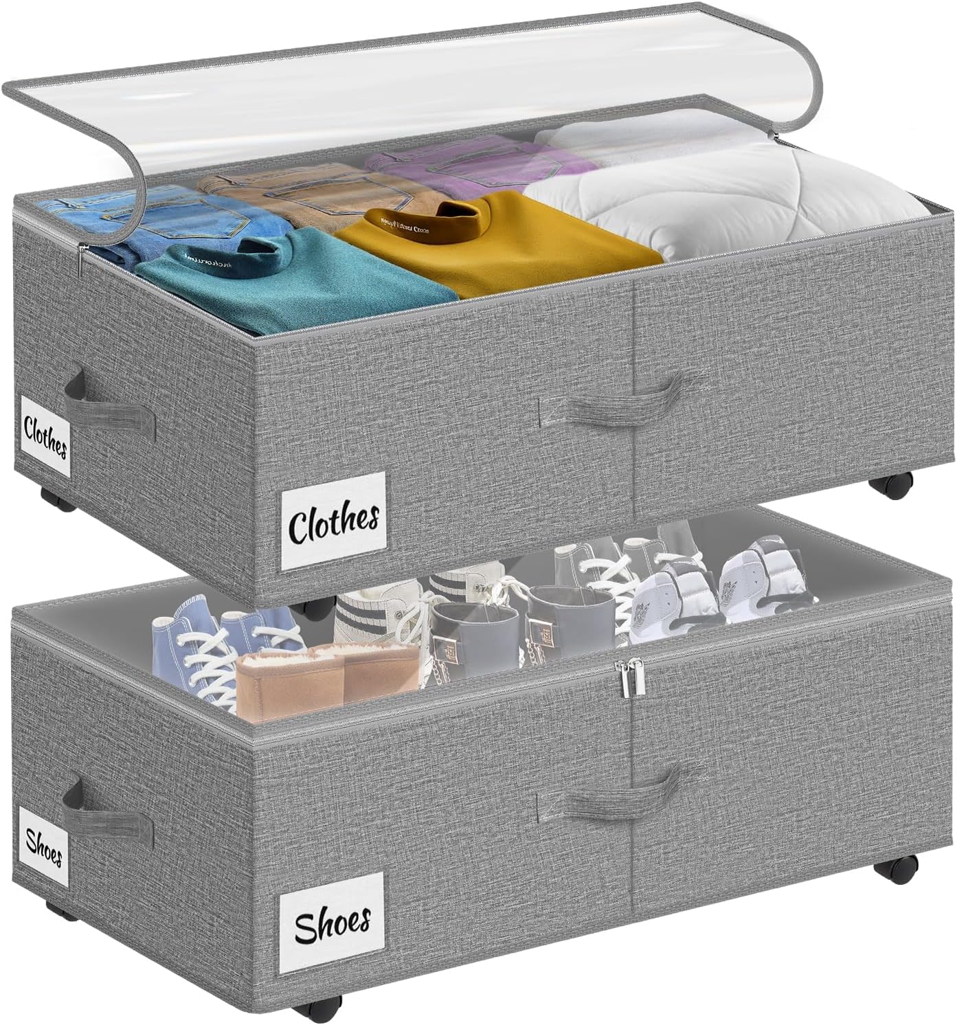 2 Pack Under Bed Storage with Wheels 10" Height, Rolling Storage Bins XXL 60L, Underbed Shoe Storage Containers with Label & Clear Lid, Dorm Under bed Drawers for Clothes, Shoes, Quick Assembly, Black