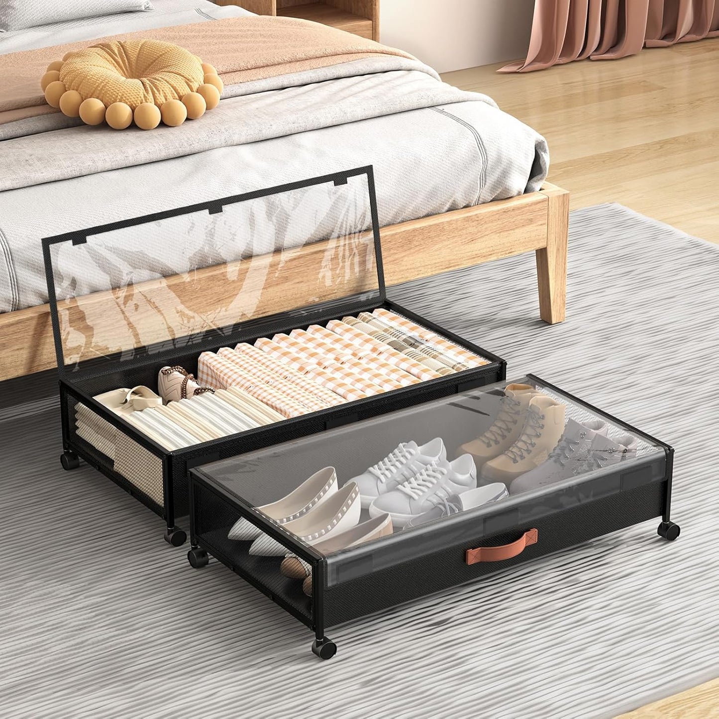 Under Bed Storage with Wheels, XXXL Larger Under Bed Storage Containers with Clear Lids, 36'' Lengthen Under Bed Shoe Organizer, Rolling for Shoes Clothes(Black 2 Pack, XXXL(36"x16.6"x7.48"))