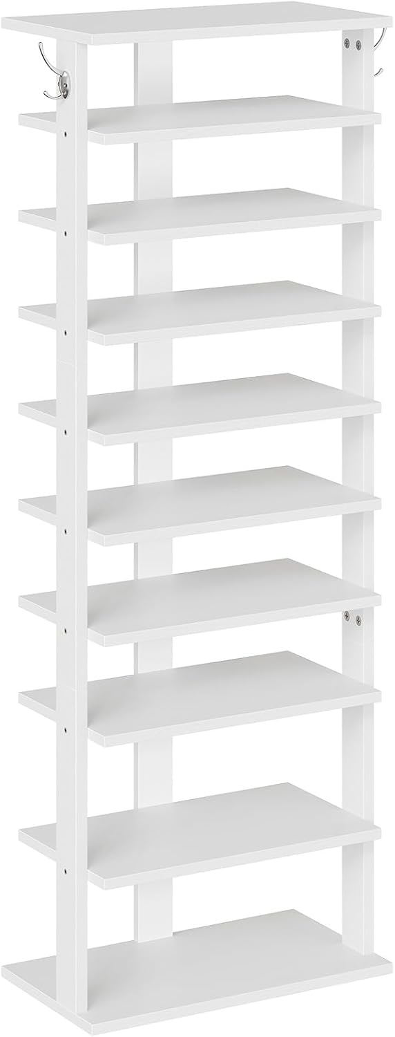 HOOBRO 8 Tiers Vertical Shoe Rack, Wooden Shoe Storage Organizer with Hooks, Narrow Shoe Tower for 8 Pairs, Space Saving, for Entryway, Living Room, Bedroom, Rustic Brown BF07XJ01G1