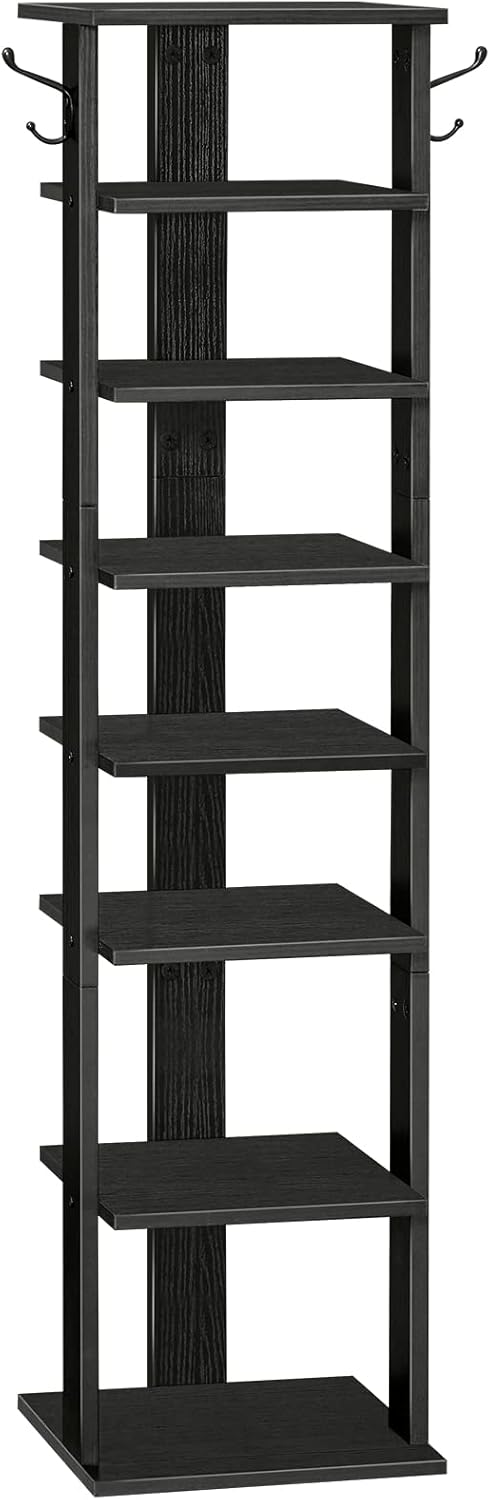 HOOBRO 8 Tiers Vertical Shoe Rack, Wooden Shoe Storage Organizer with Hooks, Narrow Shoe Tower for 8 Pairs, Space Saving, for Entryway, Living Room, Bedroom, Rustic Brown BF07XJ01G1