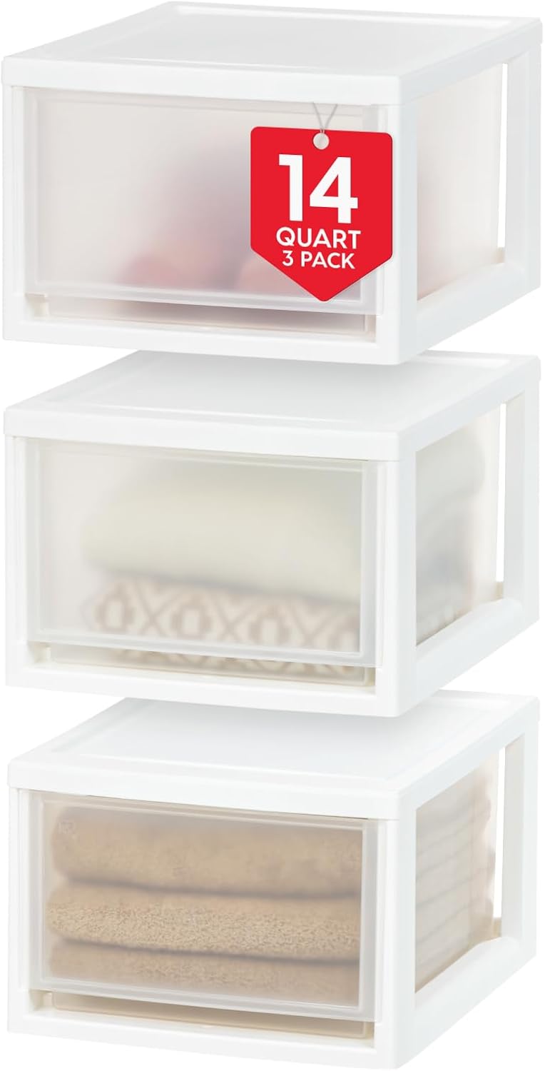 IRIS USA 22 Qt Underbed Storage Stackable Organizer Bin Container with Sliding Drawer, 2 Pack, Multi-Purpose for Clothes, Shoes, Clothing, Bedding, White