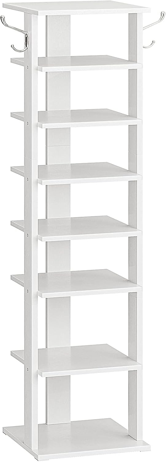 HOOBRO 8 Tiers Vertical Shoe Rack, Wooden Shoe Storage Organizer with Hooks, Narrow Shoe Tower for 8 Pairs, Space Saving, for Entryway, Living Room, Bedroom, Rustic Brown BF07XJ01G1