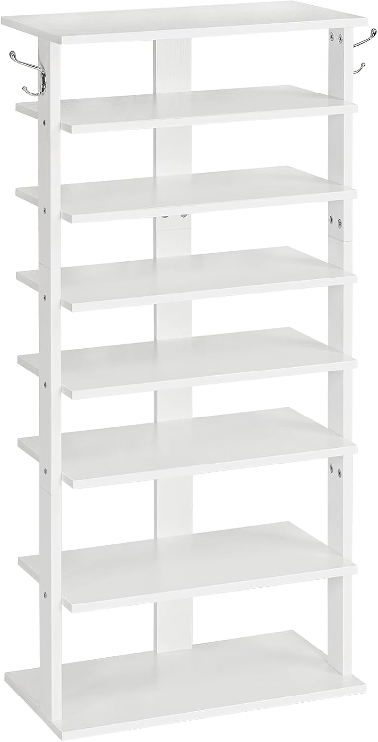 HOOBRO 8 Tiers Vertical Shoe Rack, Wooden Shoe Storage Organizer with Hooks, Narrow Shoe Tower for 8 Pairs, Space Saving, for Entryway, Living Room, Bedroom, Rustic Brown BF07XJ01G1