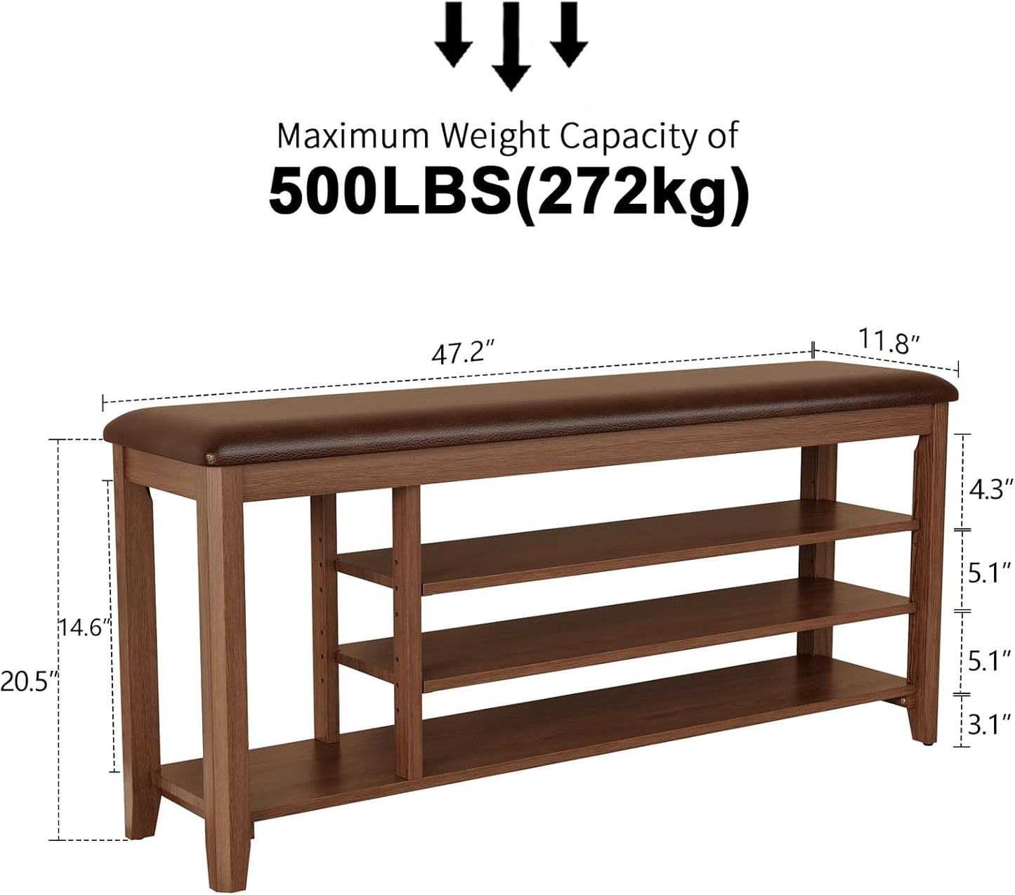 3 Tier Shoe Bench with Cushion,Solid Wood Storage Bench Height Adjustable, Shoe Rack for Entryway,Bedroom,Hallway(Walnut)