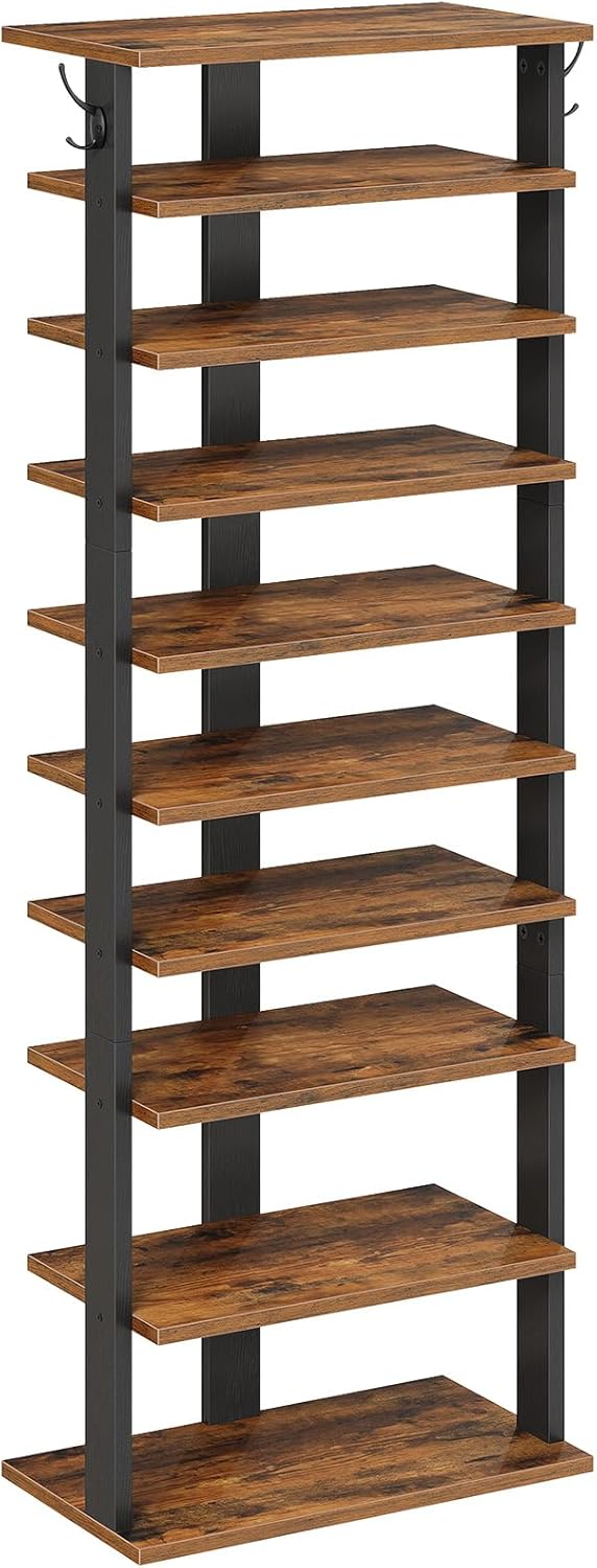 HOOBRO 8 Tiers Vertical Shoe Rack, Wooden Shoe Storage Organizer with Hooks, Narrow Shoe Tower for 8 Pairs, Space Saving, for Entryway, Living Room, Bedroom, Rustic Brown BF07XJ01G1