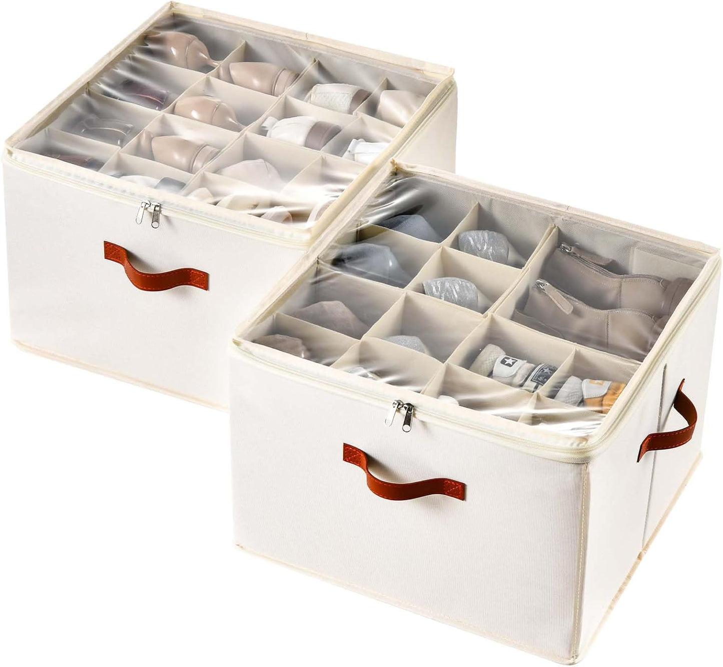 2 Pack Shoe Organizer for Closet,Fits up to 32 Pairs,Adjustable Dividers for Shoe Storage,Fabric Shoe Storage Bins with Clear Cover,Grey