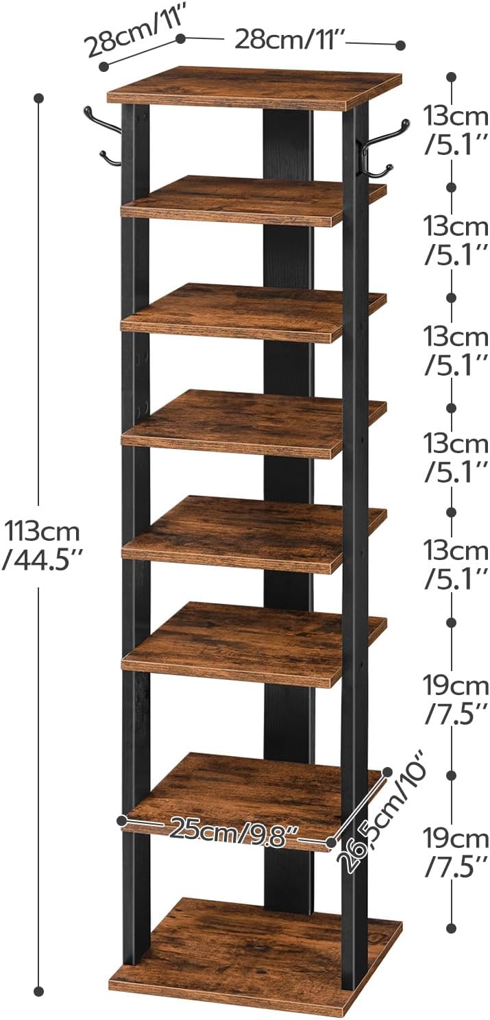 HOOBRO 8 Tiers Vertical Shoe Rack, Wooden Shoe Storage Organizer with Hooks, Narrow Shoe Tower for 8 Pairs, Space Saving, for Entryway, Living Room, Bedroom, Rustic Brown BF07XJ01G1