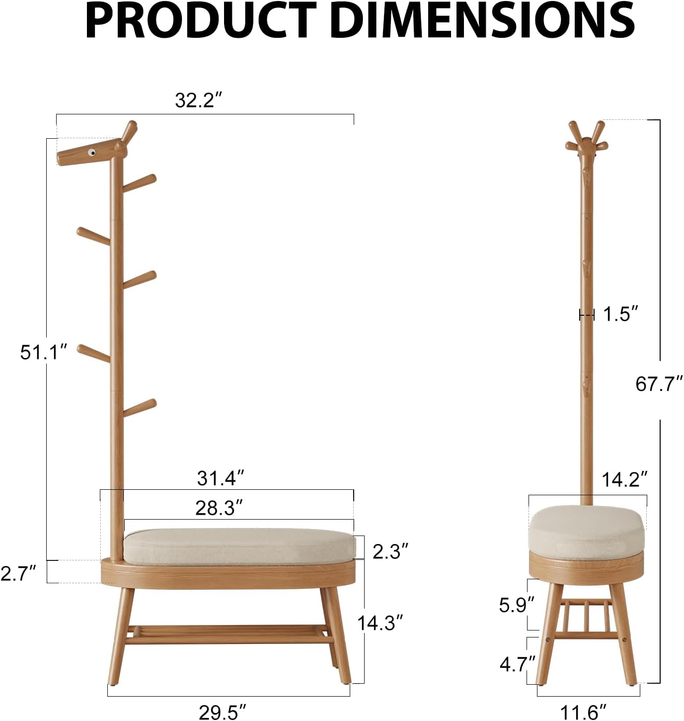 Shoe Bench Entryway,Coat Rack with Shoe Storage, Coat Rack and Shoe Rack, Wooden Narrow Shoe Bench（Natural）