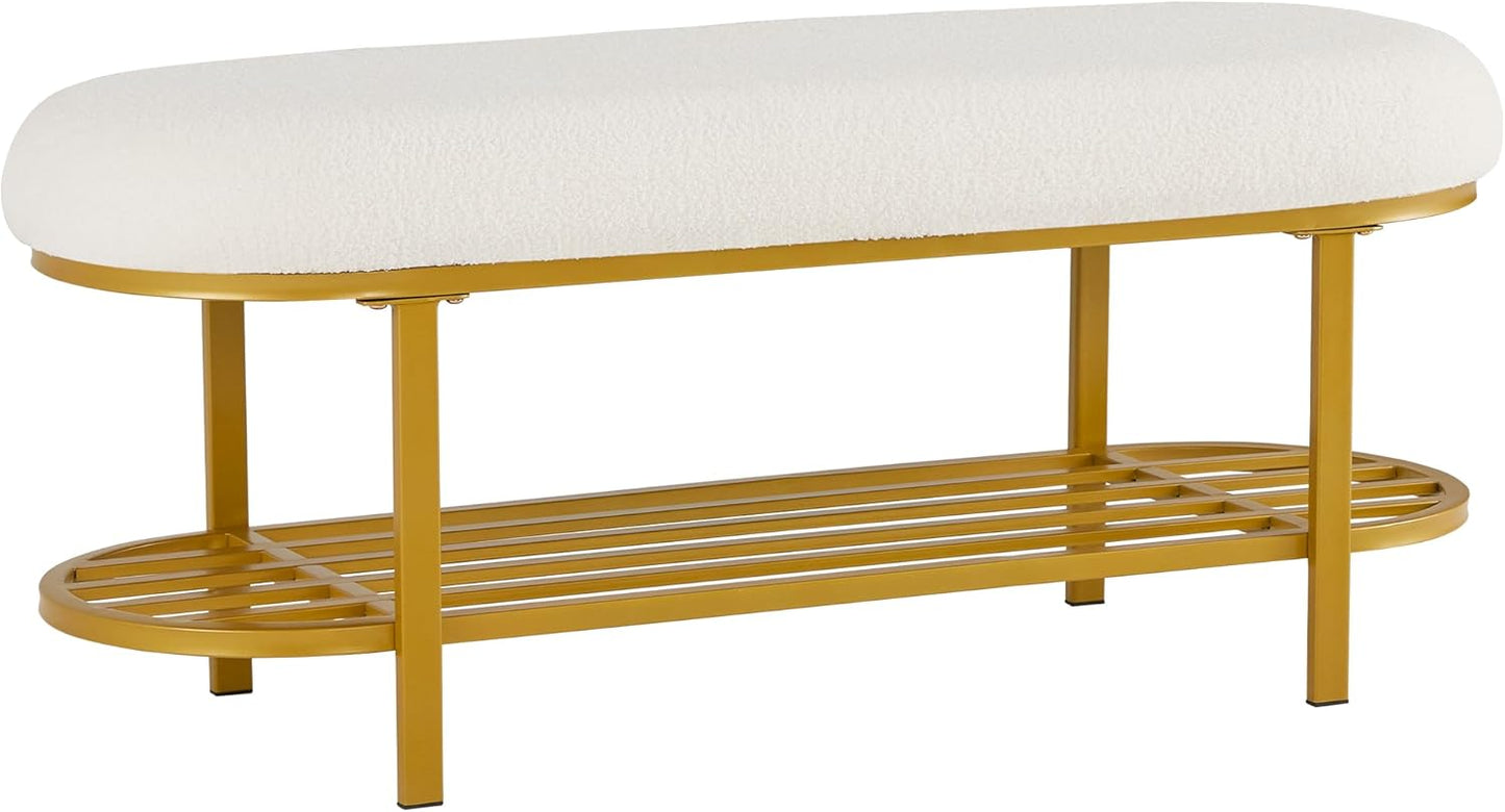 48" End of Bed Bench with Cushion 3-Tier Entryway Storage Upholstered Bench Modern Gold Metal Legs Shoe Storage Rack with Shelf for Bedroom, Entry, Hallway, Living Room, Under Window (White)