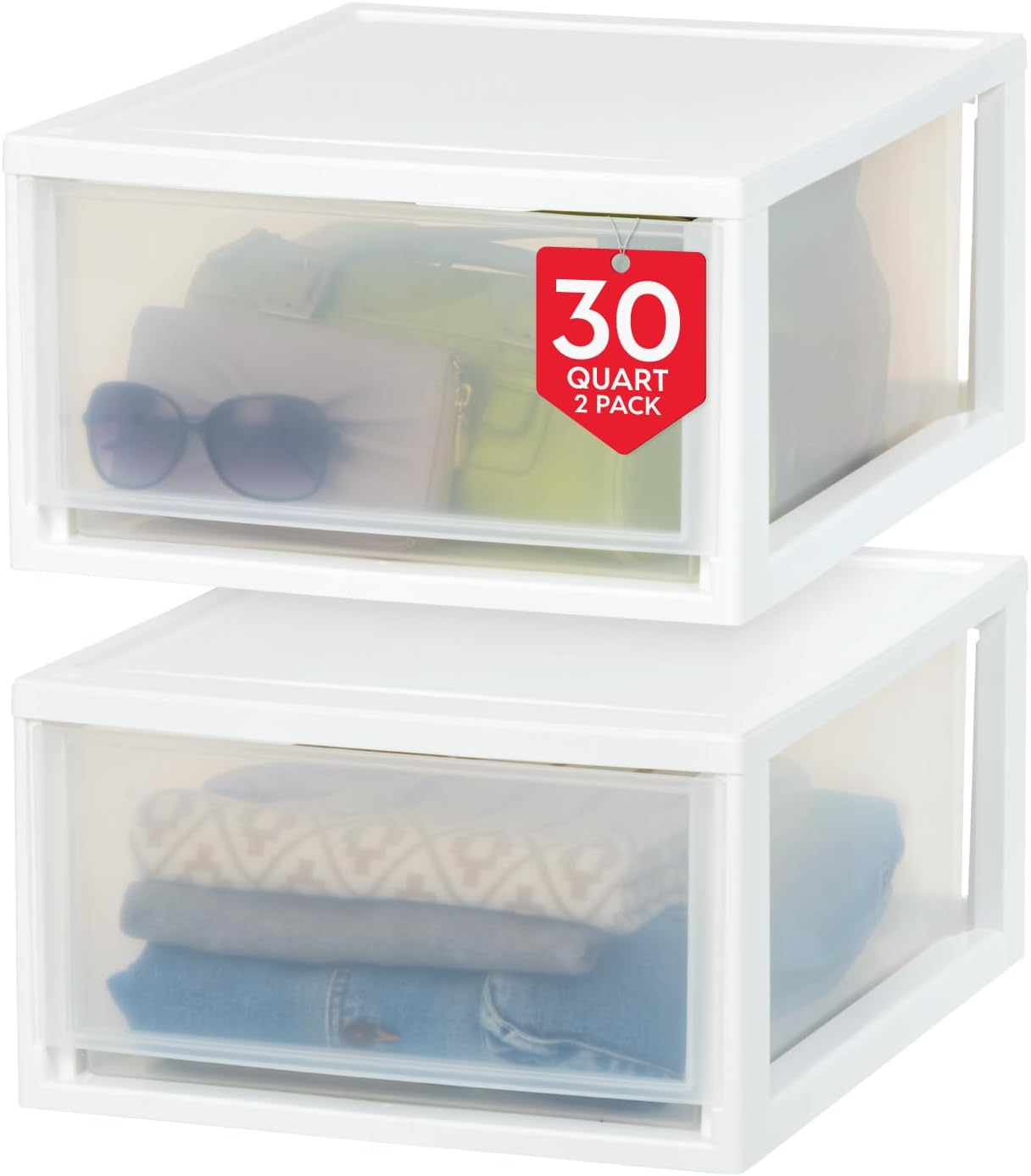 IRIS USA 22 Qt Underbed Storage Stackable Organizer Bin Container with Sliding Drawer, 2 Pack, Multi-Purpose for Clothes, Shoes, Clothing, Bedding, White