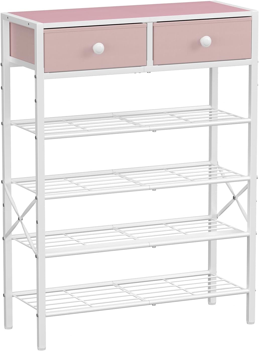 Shoe Rack for Entryway, 5 Tier Shoe Organizer with 2 Non-woven Drawers, Metal Storage Shoe Shelf for 16-20 Pairs of Shoes, with Wooden Top and Steel Frame, Shoe Stand for Closet Rustic Brown