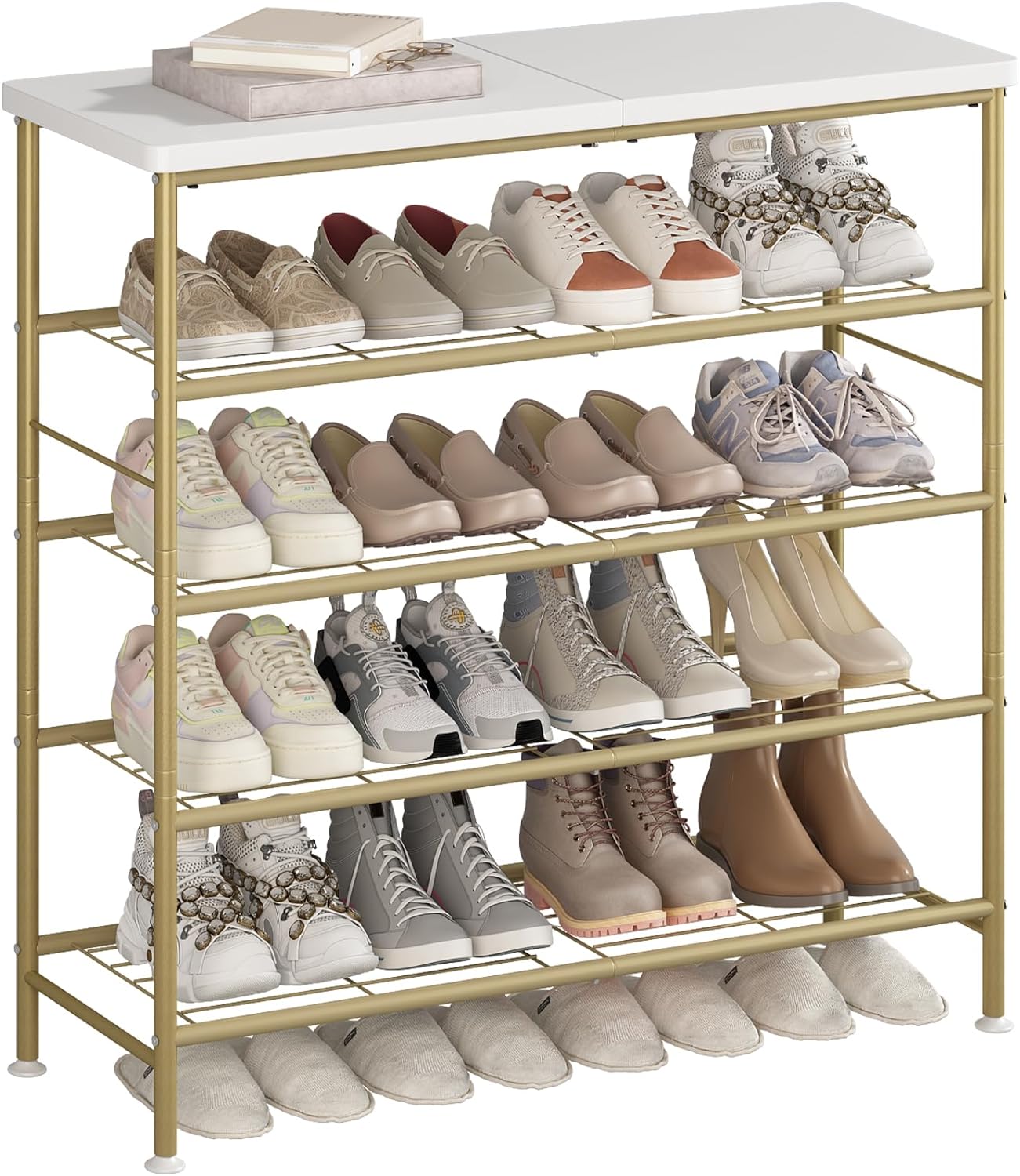 Shoe Rack Organizer 5 Tier for Closet Entryway Free Standing Metal Storage Shoe Shelf with MDF Top Board，Black+Rustic Brown