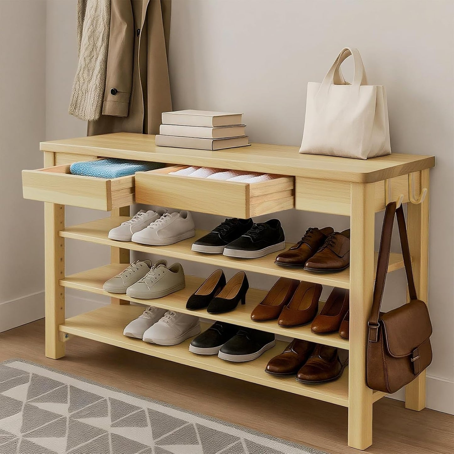 Wood Shoe Bench Entryway with Drawer: 3-Tiers Wooden Storage Shoe Rack with Bench Seat, Compact Mid-Century Modern Design for Entryway,Hallway, Closet,Front Door Entrance,Foyer Walnut 39.3"