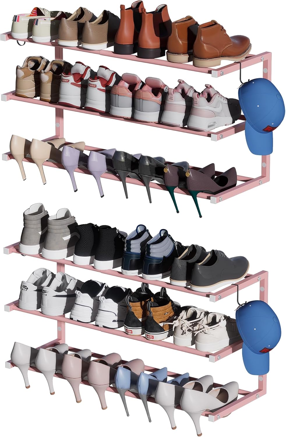 2 Pack Wall Mounted Shoe Rack, 3 Tier Hanging Shoe Rack Holds 24 Pairs, 17"-30"Adjustable Heavy Duty Shoe Organizer Holder with 4 Storage Hooks, Space Saving for Closet Entryway, Black, Patent Pending