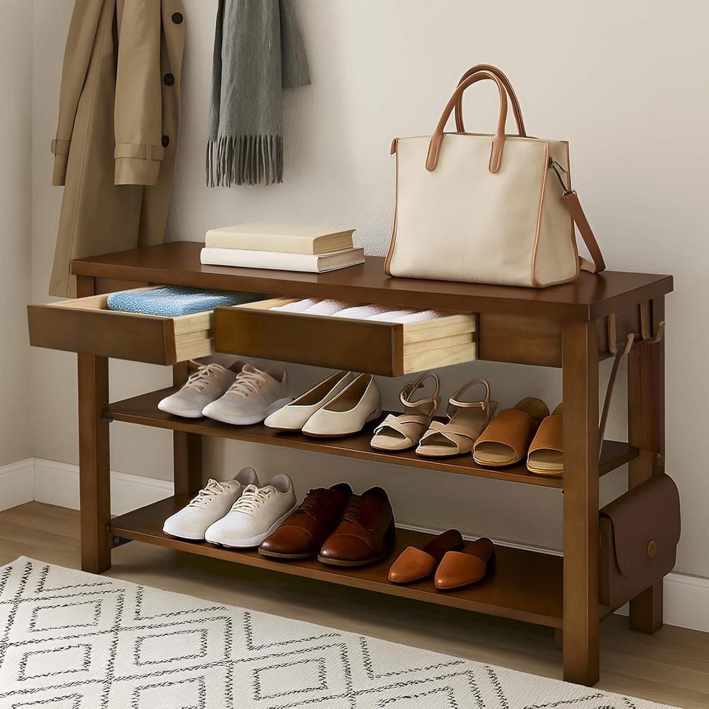 Wood Shoe Bench Entryway with Drawer: 3-Tiers Wooden Storage Shoe Rack with Bench Seat, Compact Mid-Century Modern Design for Entryway,Hallway, Closet,Front Door Entrance,Foyer Walnut 39.3"