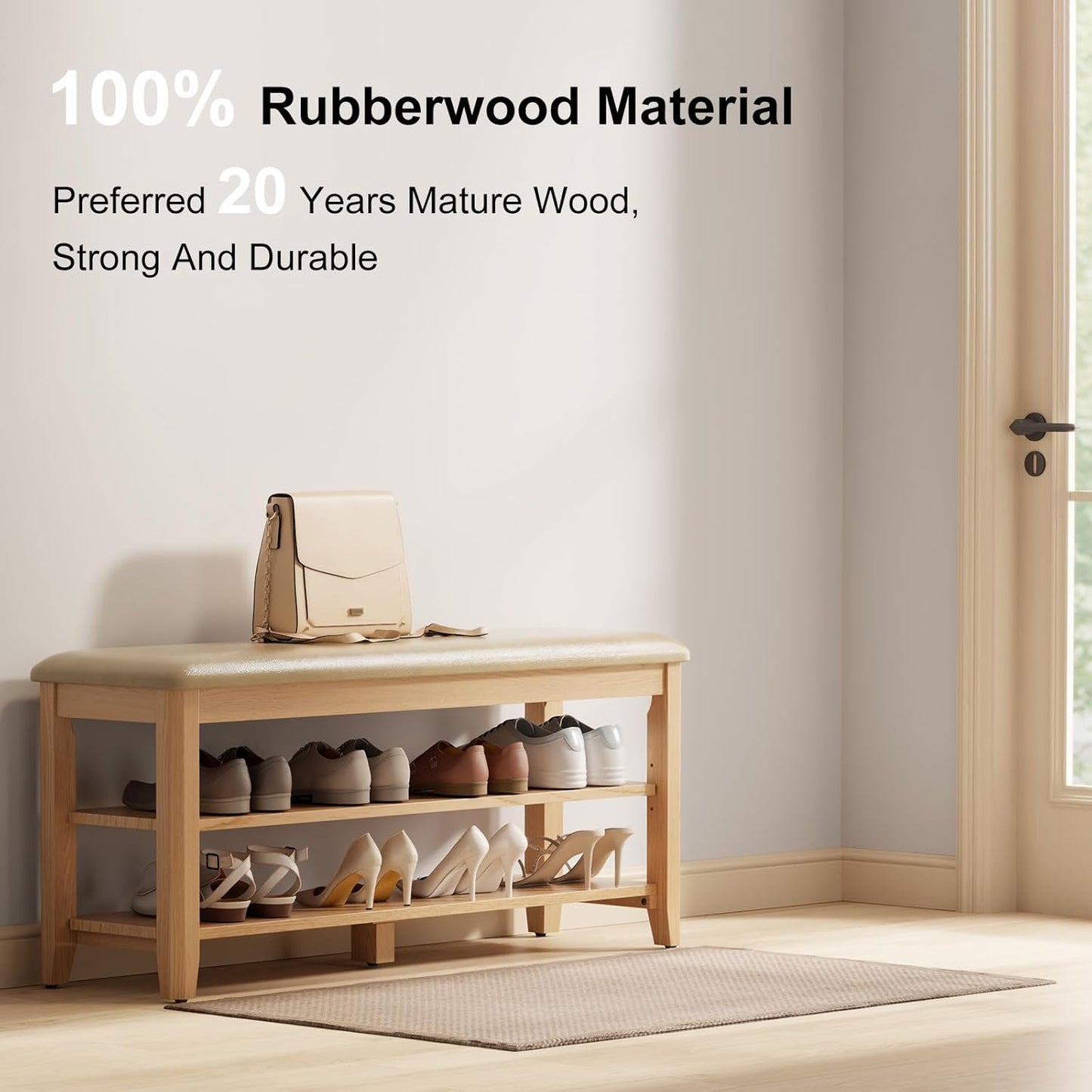 Wood Shoe Rack Bench for Entryway, Shoe Rack for Front Door Entrance with Leather Cushion, 2 Tier Shoe Bench with Shoe Storage for Entryway, Bedroom.