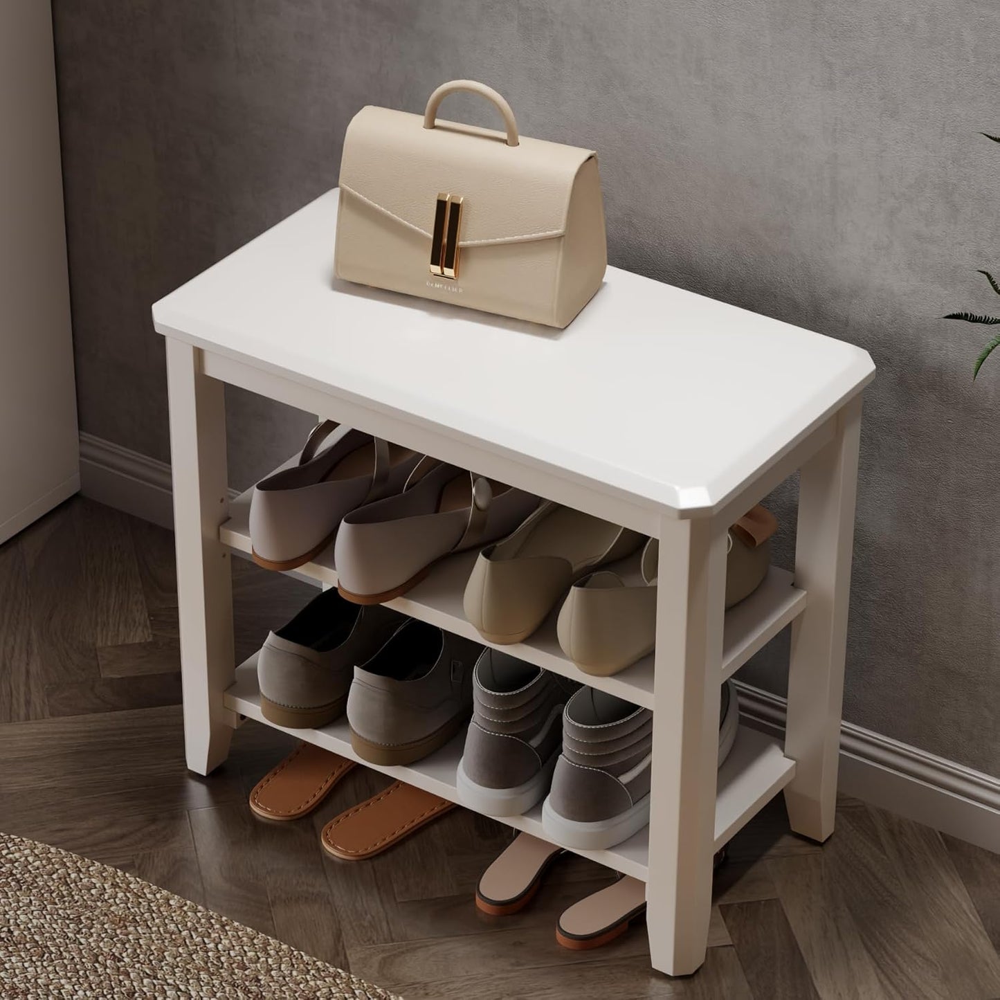 Wood Shoe Rack Bench for Entryway, Shoe Rack for Front Door Entrance with Leather Cushion, 2 Tier Shoe Bench with Shoe Storage for Entryway, Bedroom.