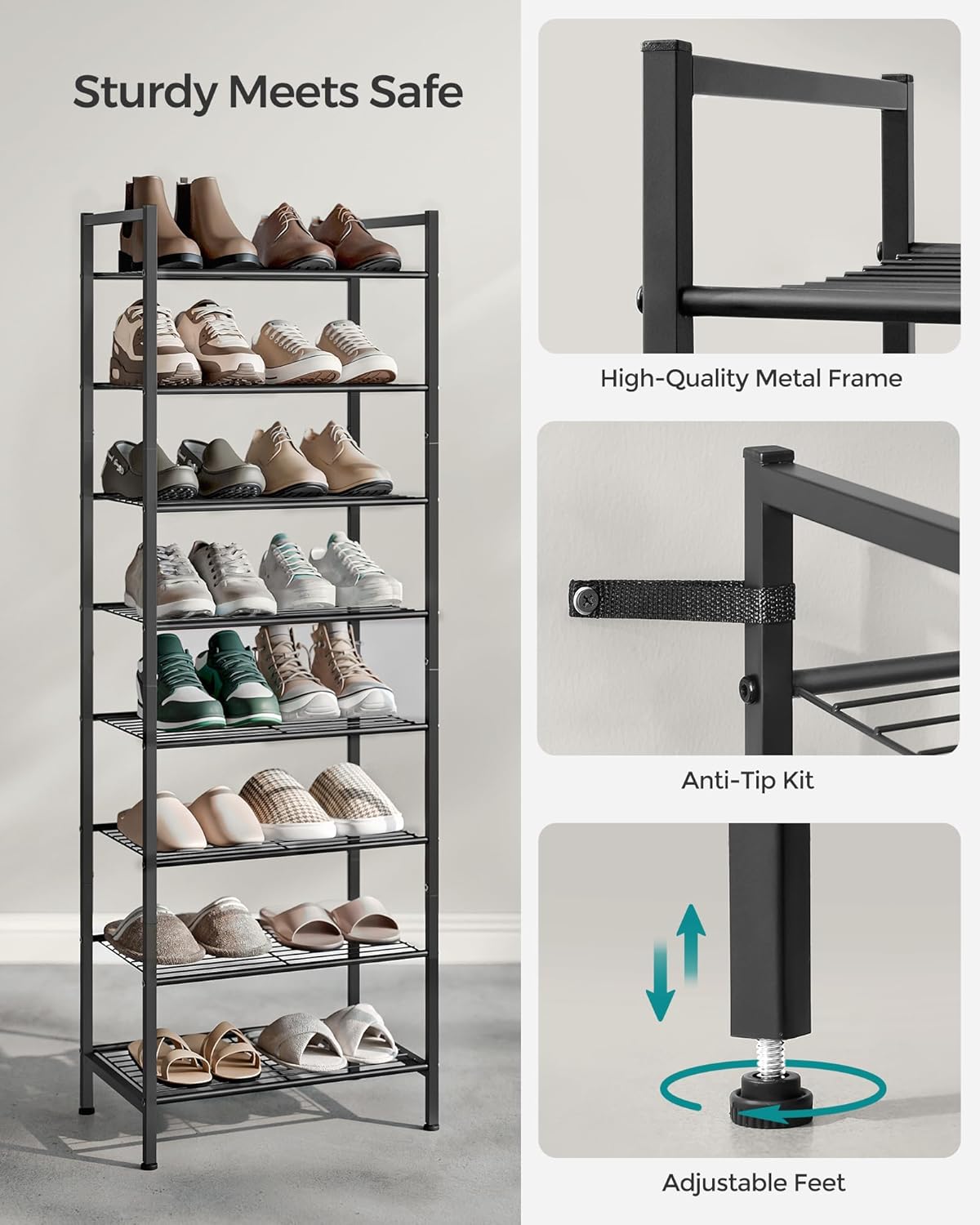 SONGMICS Narrow Shoe Rack, Sturdy 8 Tier Metal Tall Shoe Rack Shelf, Slim Shoe Storage Organizer for Closet Entryway Small Spaces, Vertical Shoe Stand Tower for 18 Pairs Shoes, Easy Assembly, Black