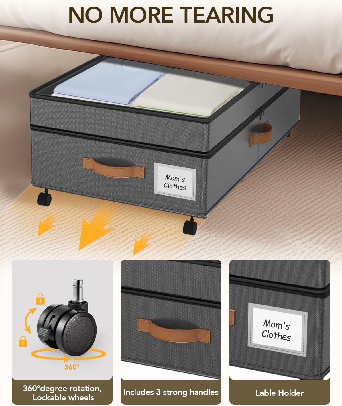 Under Bed Storage with Wheels, 65L XXL Under the Bed Storage Containers Large, 10‘’ Tall Adjustable Storage for Underbed with Lids, Rolling for Shoes, Clothes, Blankets, Grey