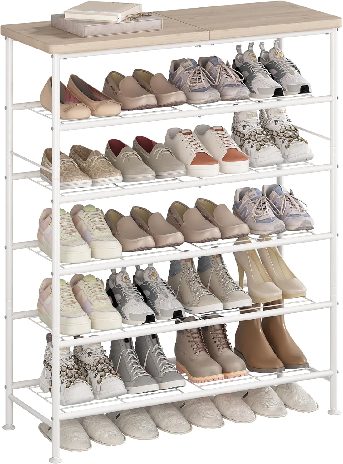 Shoe Rack Organizer 5 Tier for Closet Entryway Free Standing Metal Storage Shoe Shelf with MDF Top Board，Black+Rustic Brown