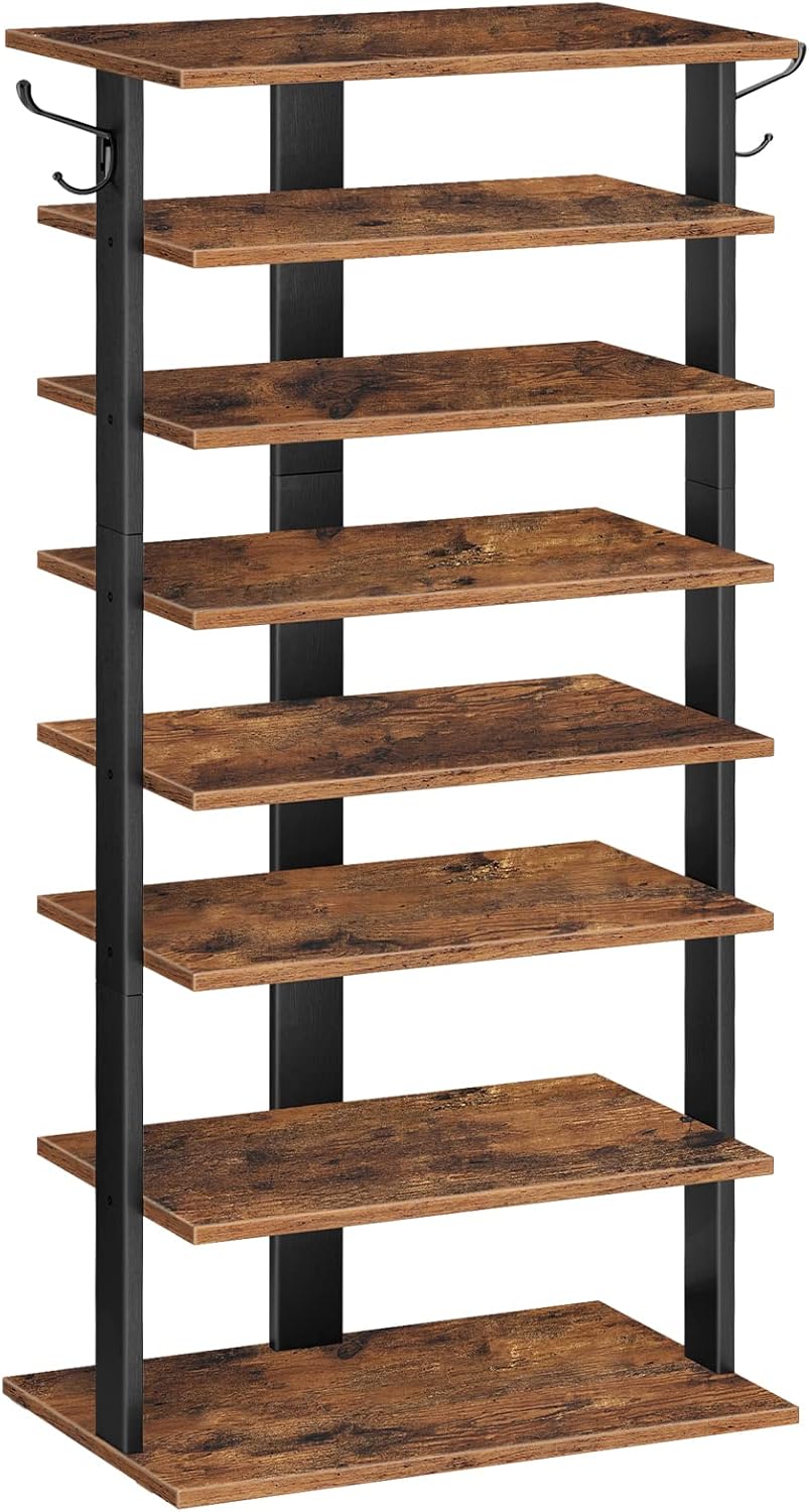 HOOBRO 8 Tiers Vertical Shoe Rack, Wooden Shoe Storage Organizer with Hooks, Narrow Shoe Tower for 8 Pairs, Space Saving, for Entryway, Living Room, Bedroom, Rustic Brown BF07XJ01G1