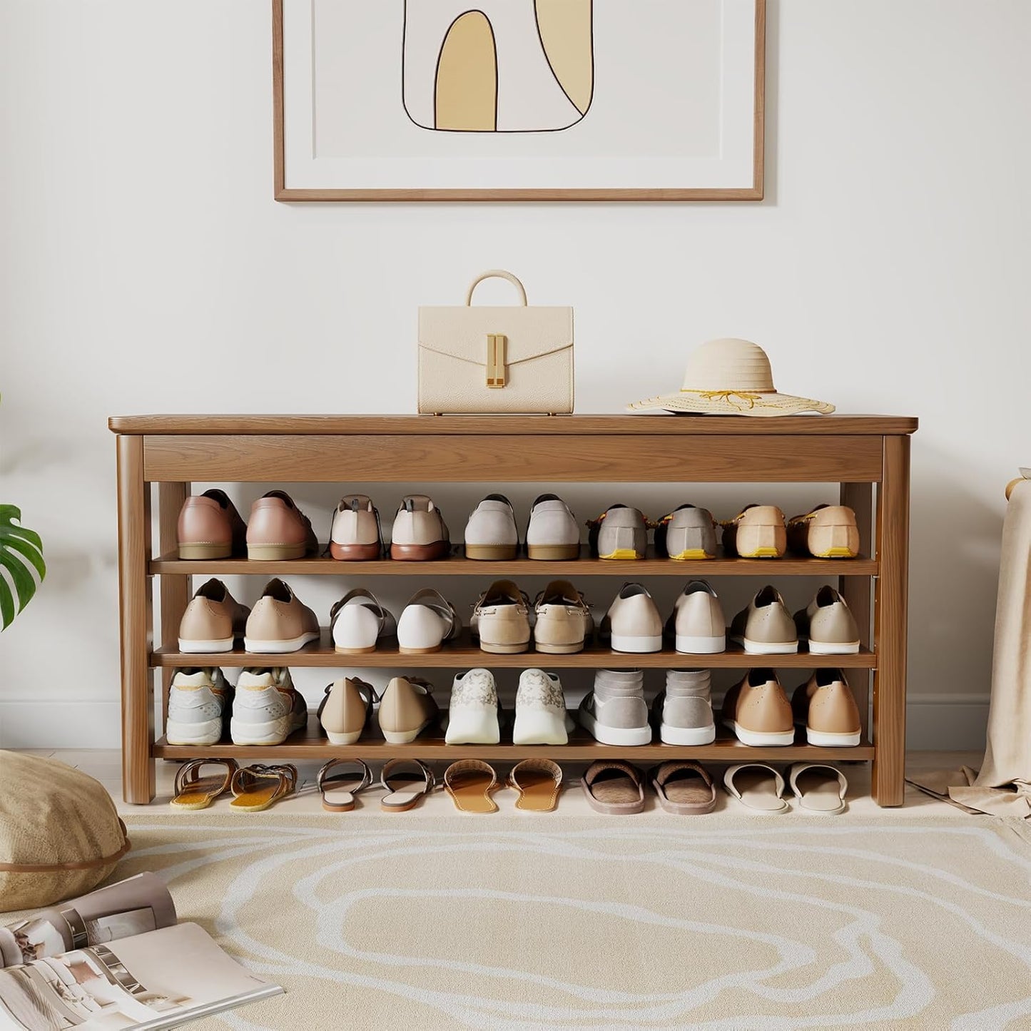3 Tier Shoe Bench with Storage, Wood Shoe Rack for Front Door Entrance, Entryway Shoe Storage Bench.