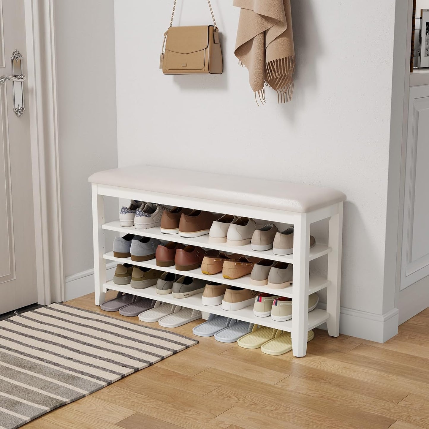 Shoe Bench with Leather Cushion, 3 Tiers Shoe Storage Bench Height Adjustable, Walnut Wood Entryway Bench for Hallway, Mudroom