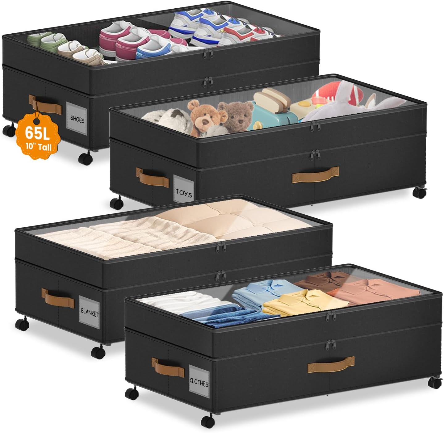 Under Bed Storage with Wheels, 65L XXL Under the Bed Storage Containers Large, 10‘’ Tall Adjustable Storage for Underbed with Lids, Rolling for Shoes, Clothes, Blankets, Grey
