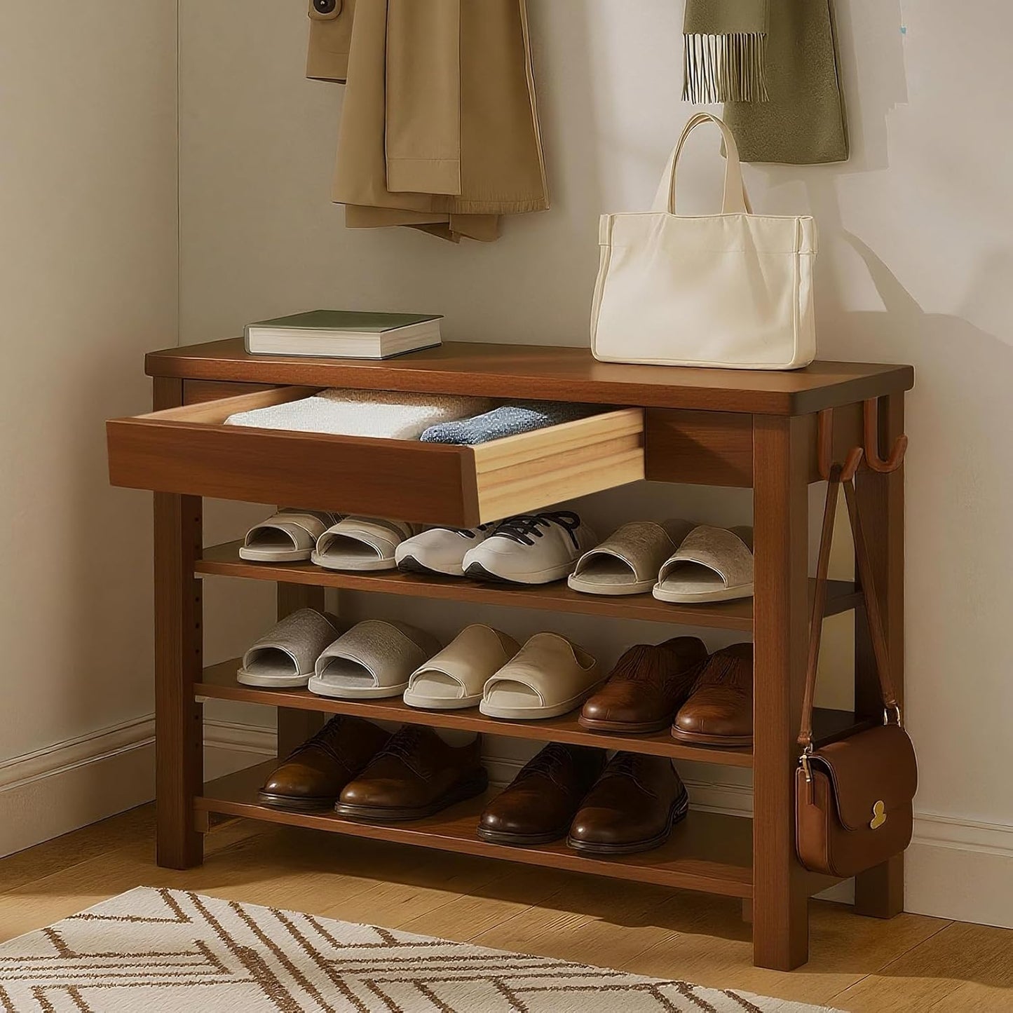 Wood Shoe Bench Entryway with Drawer: 3-Tiers Wooden Storage Shoe Rack with Bench Seat, Compact Mid-Century Modern Design for Entryway,Hallway, Closet,Front Door Entrance,Foyer Walnut 39.3"