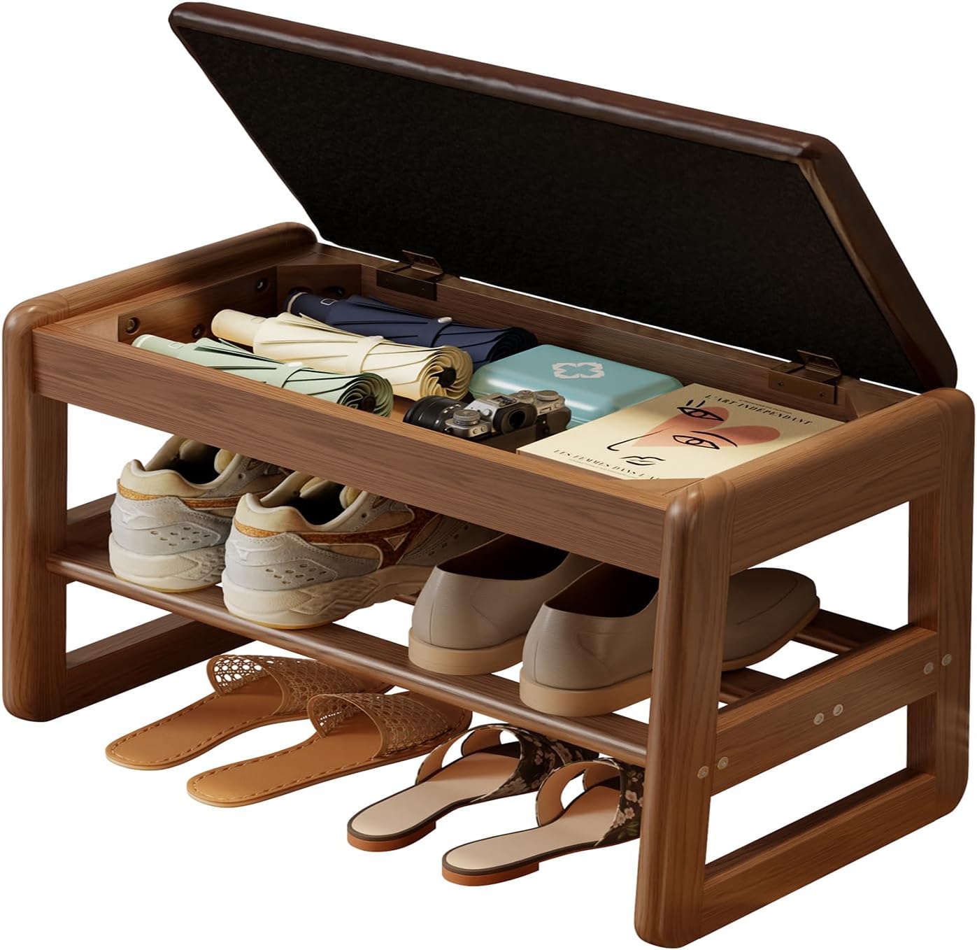 Shoe Rack Bench with Cushion, 2 Tiers Shoe Bench with Flip-Top Storage,Wood Shoe Rack for Entryway,Hallway（Walnut,39.3"）