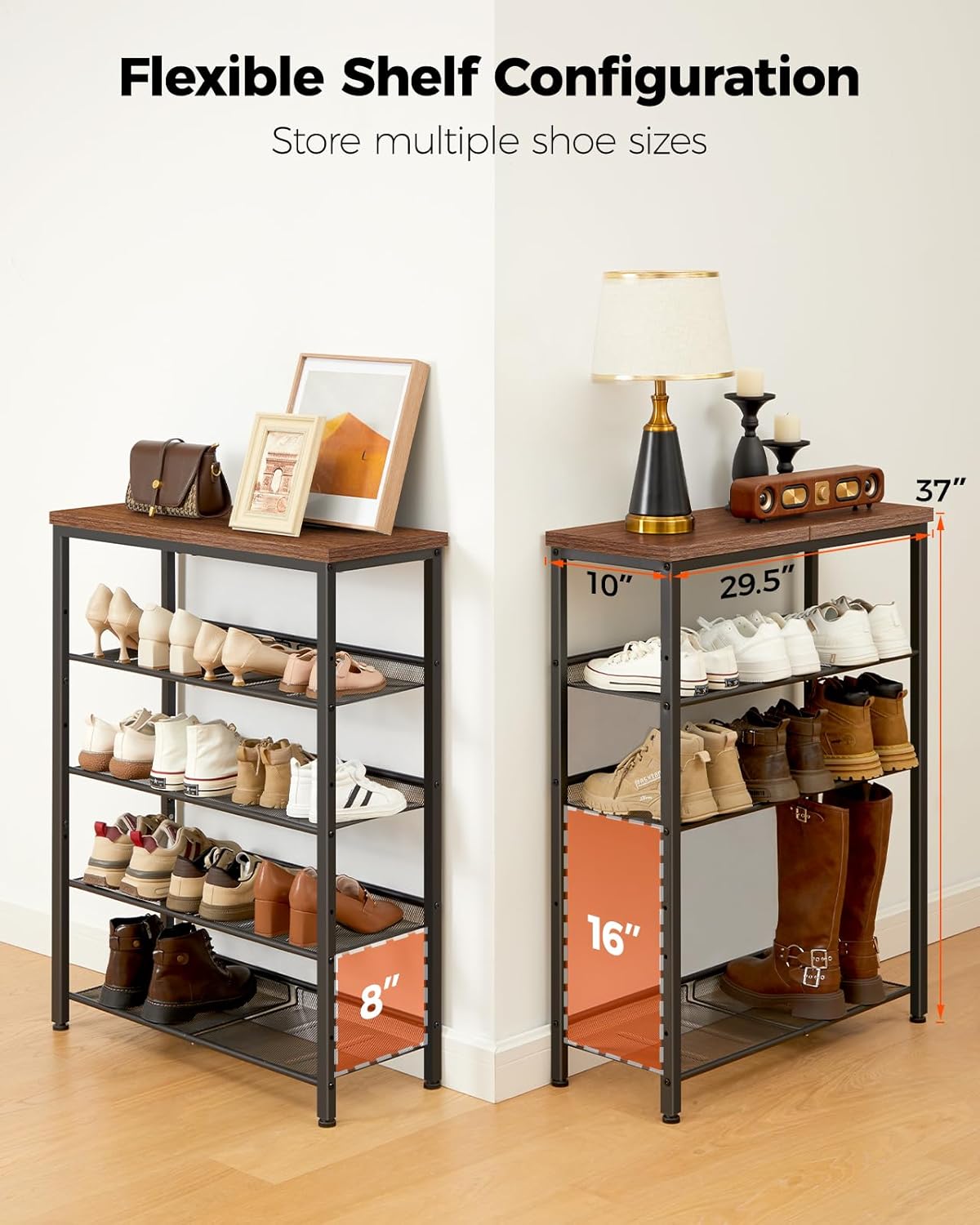 Pipishell 5-Tier Shoe Rack for Entryway and Small Spaces with Wooden Top & Metal Frames, Shoe Storage Organizer with Adjustable Storage Shelves, PISRB4