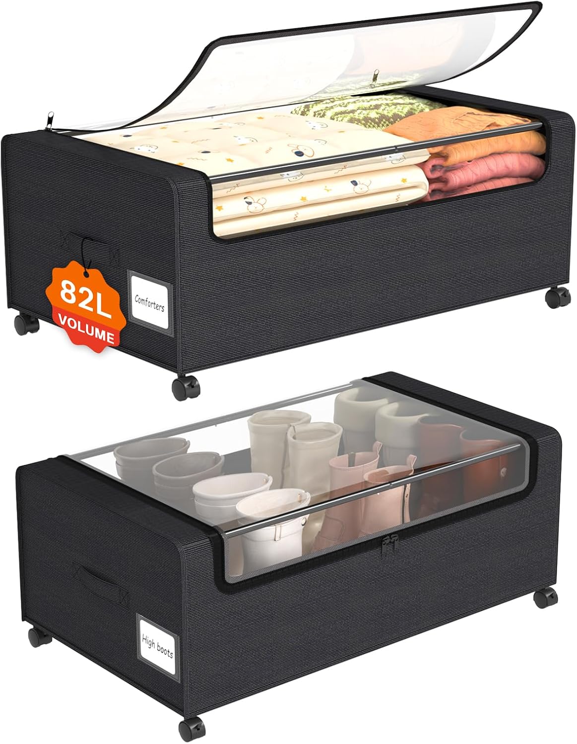Under Bed Shoe Storage Organizer, 10 Inch Rolling Underbed Drawers for Clothes, Blankets, Winter Clothing & Shoes - Metal Frame Storage Bins with Handles, Dual Zippers, Clear Window 2 Pack Black