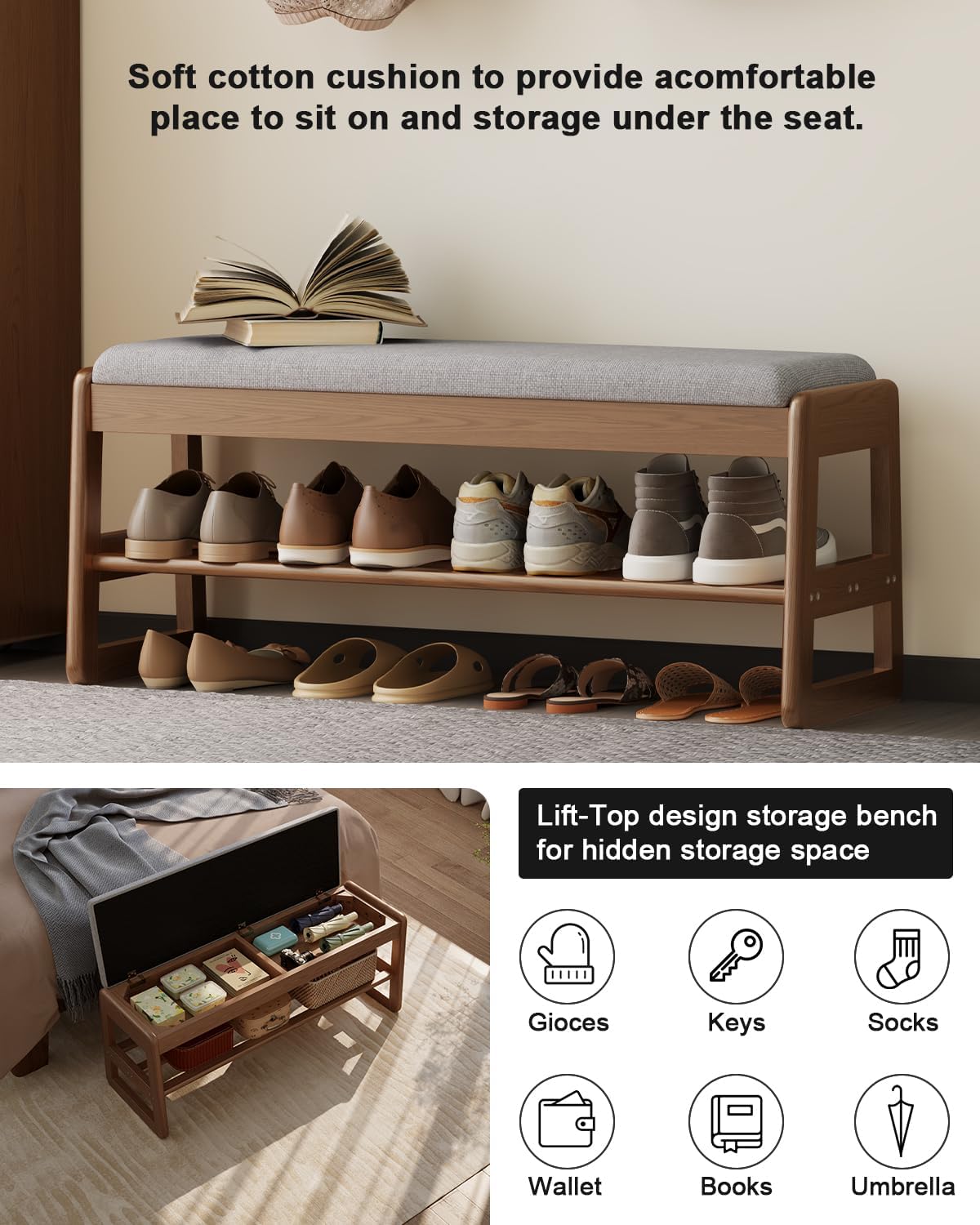 Shoe Rack Bench with Cushion, 2 Tiers Shoe Bench with Flip-Top Storage,Wood Shoe Rack for Entryway,Hallway（Walnut,39.3"）