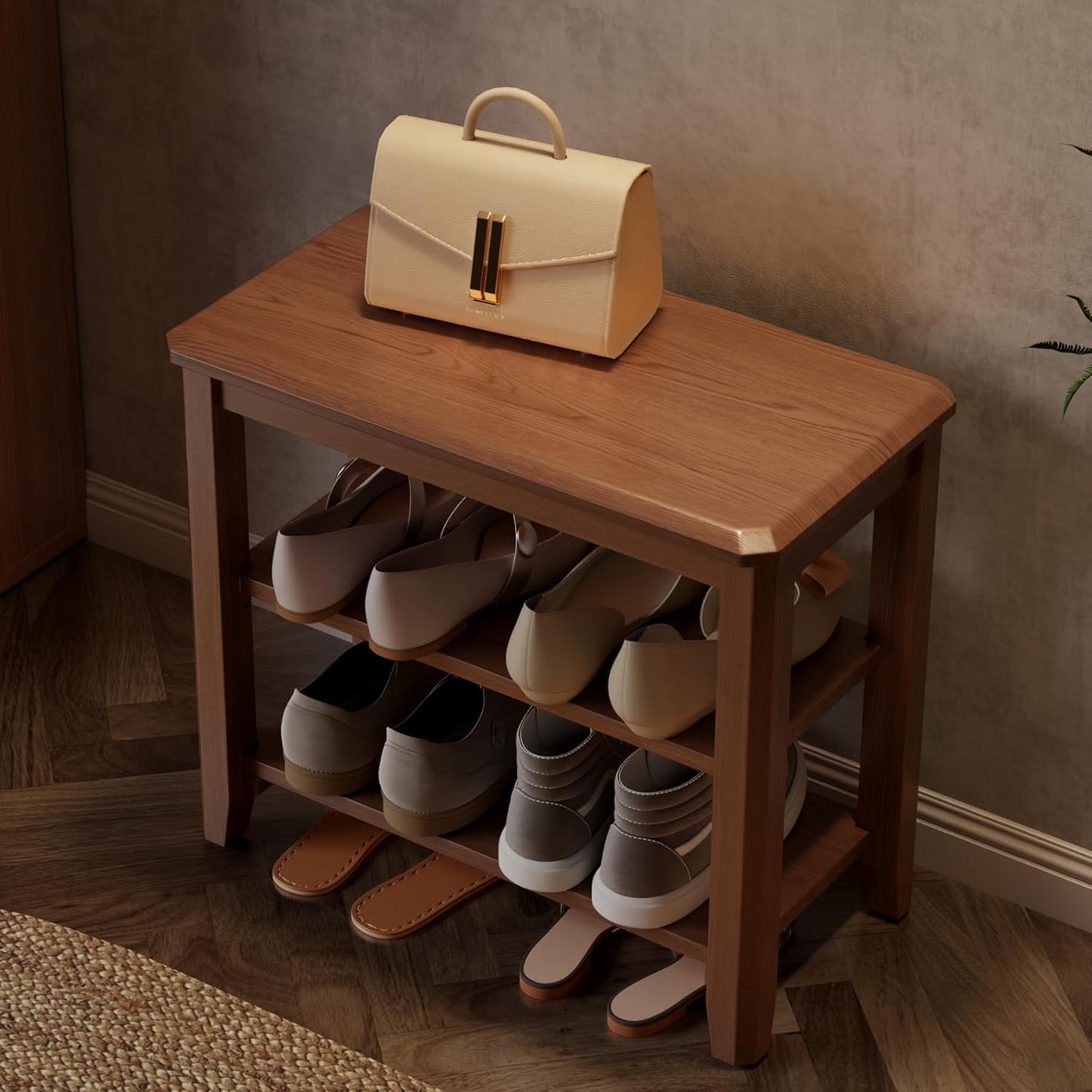 Wood Shoe Rack Bench for Entryway, Shoe Rack for Front Door Entrance with Leather Cushion, 2 Tier Shoe Bench with Shoe Storage for Entryway, Bedroom.